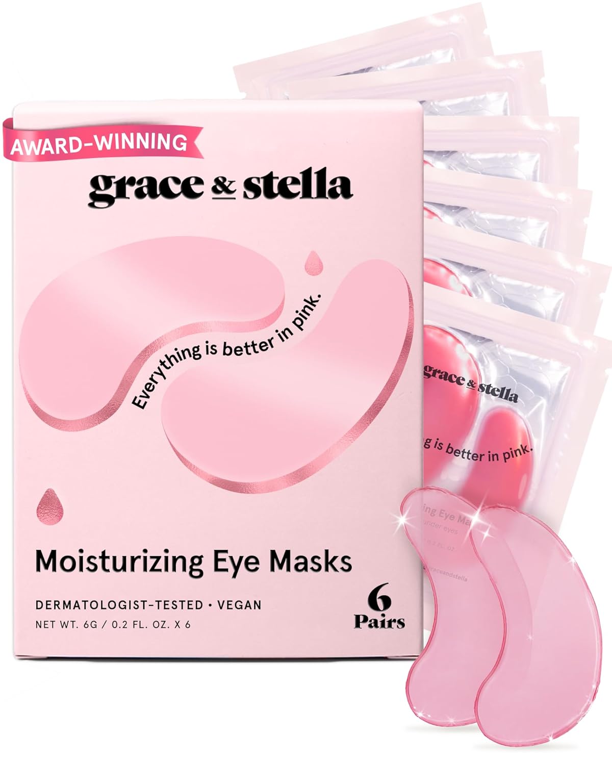 grace & stella Award Winning Under Eye Mask - Reduce Dark Circles, Puffy Eyes, Undereye Bags, Wrinkles - Gel Under Eye Patches - Gifts for Mom - Vegan Cruelty-Free Self Care (Pink, 6 Pairs)