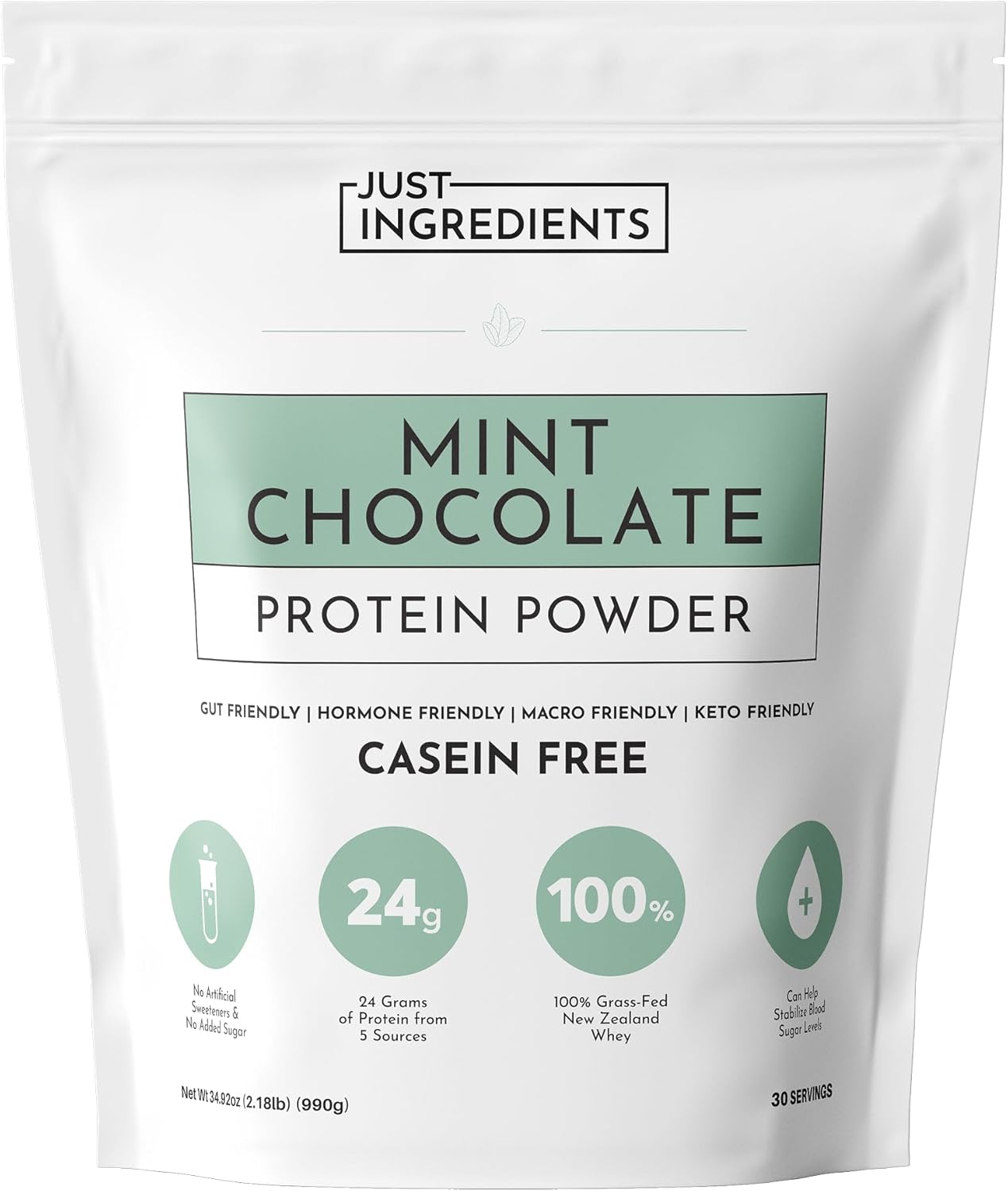JUST INGREDIENTS Mint Chocolate Protein Powder – 30 Serving Bag – Grass-Fed Whey & Plant Protein Blend with Real Cocoa & Peppermint –Sweetened, Non-GMO, Gluten-Free, No Artificial Flavors