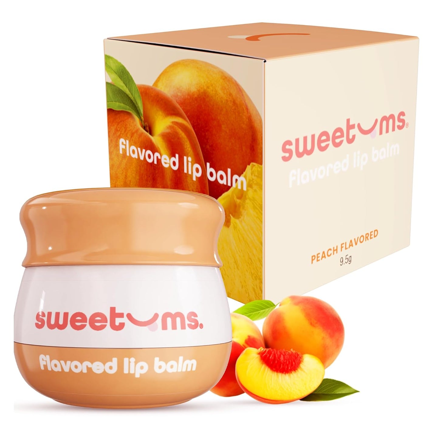 Sweetums Peach Lip Balm with Vitamin E Oil – Glowy Balm for Dry, Chapped Lips – Vegan Lip Care with Built-In Mirror and Applicator – Hydrating Lip Treatment with Glossy Finish – 0.15 oz