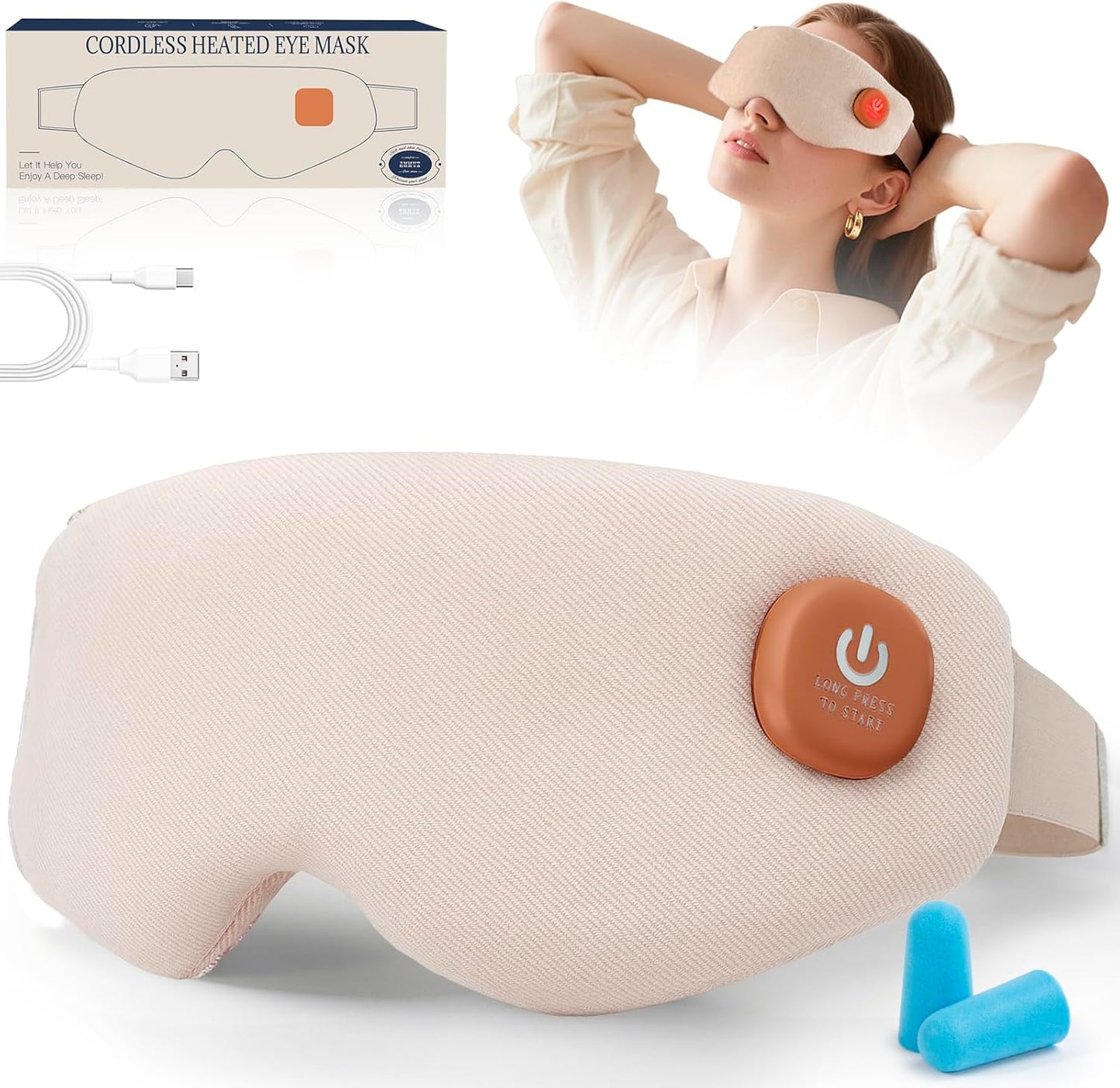 Cordless Heated Eye Mask, Warm Eye Compress for Dry Eyes, Light Blocking Heat Eye Mask for Women Men, Washable Eye Heating Pad for Travel, Dry Eyes, Blepharitis, Sinus Migraine (Beige White)