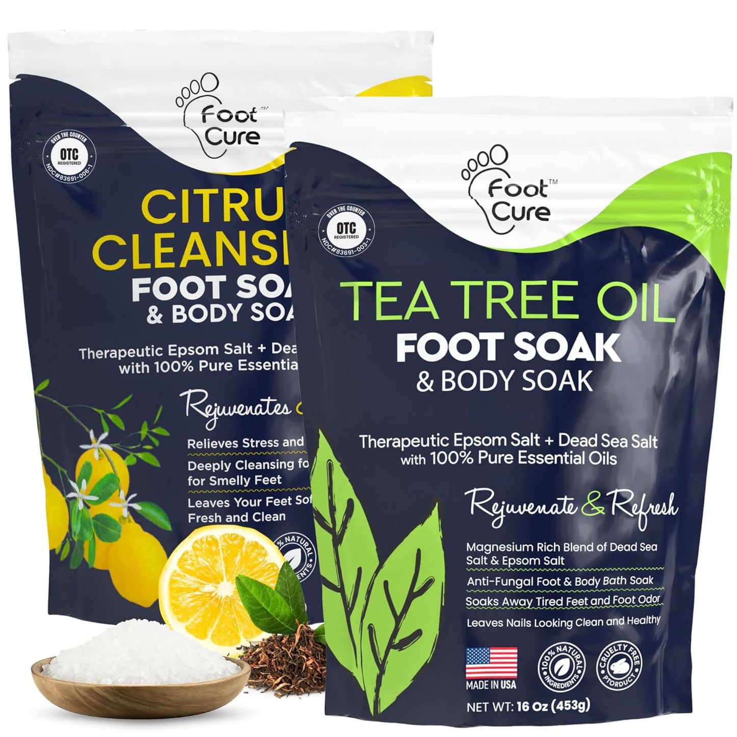 FOOT CURE Tea Tree & Citrus Foot Soak with Epsom Salt – Supports Tired Feet, Softens Calluses, and Refreshes (Pack of 2)