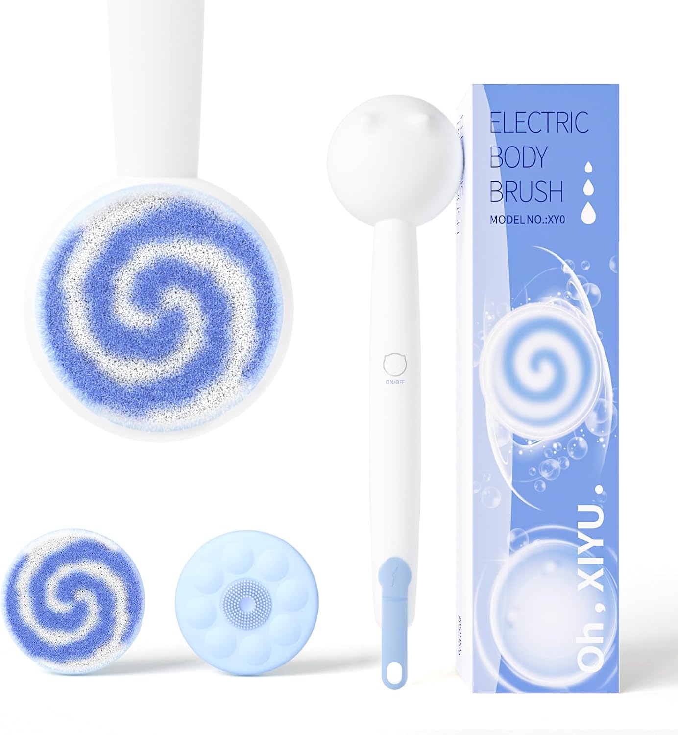 Electric Back Scrubber for Shower Body Brush, Waterproof Shower Body Scrubber for Cleansing, Massaging, Rechargeable Bath Brush for Kids & Adults with 2 Heads & 3 Speed Modes, Milk White XY0