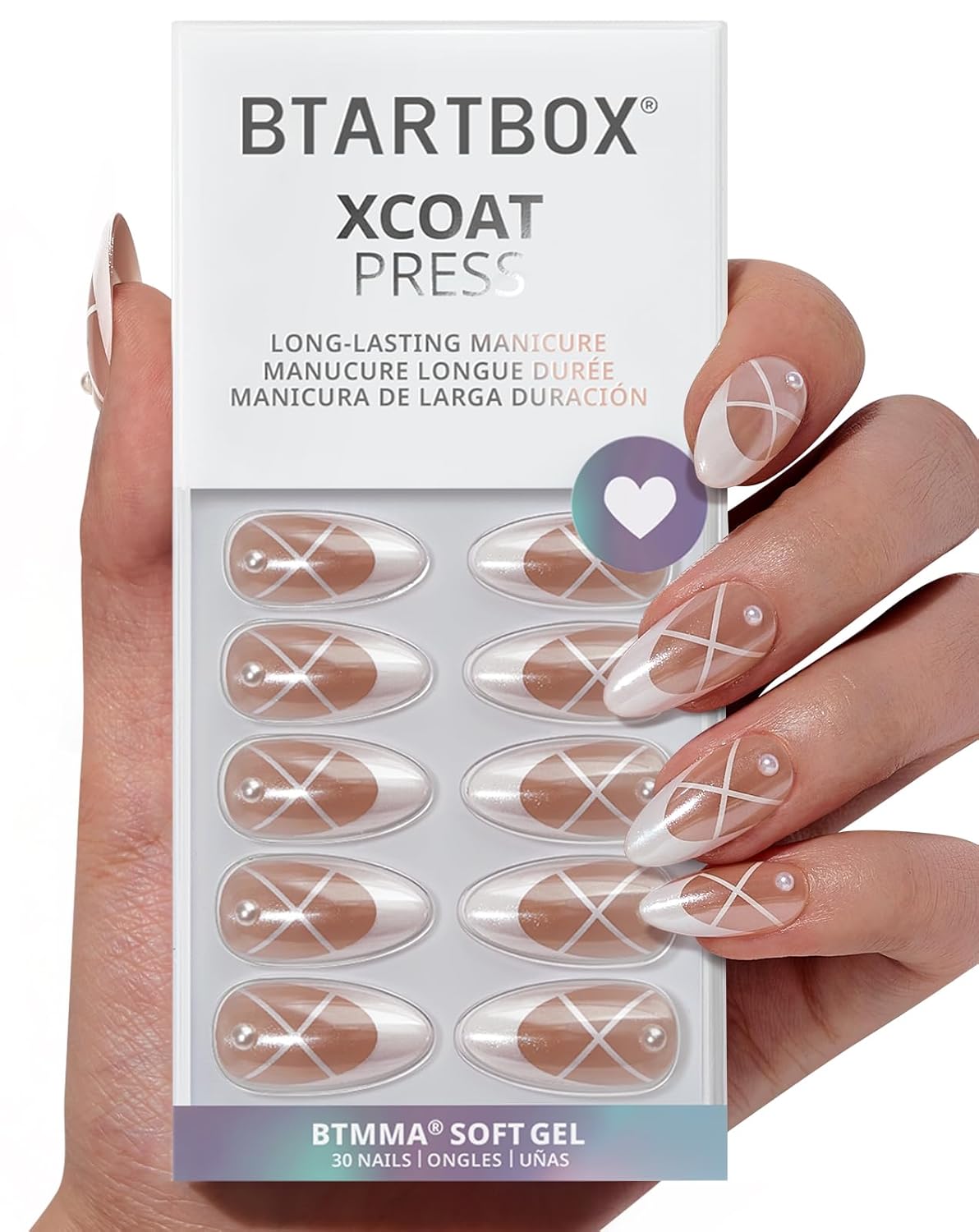 BTArtbox French Tip Press On Nails - Lamp-Curable Pearl Accents Chrome Almond Press On Nails with Glue for Women, Soft Gel Glue On Nails in 15 Sizes - 30 Stick On Nails Kit, Heel Click