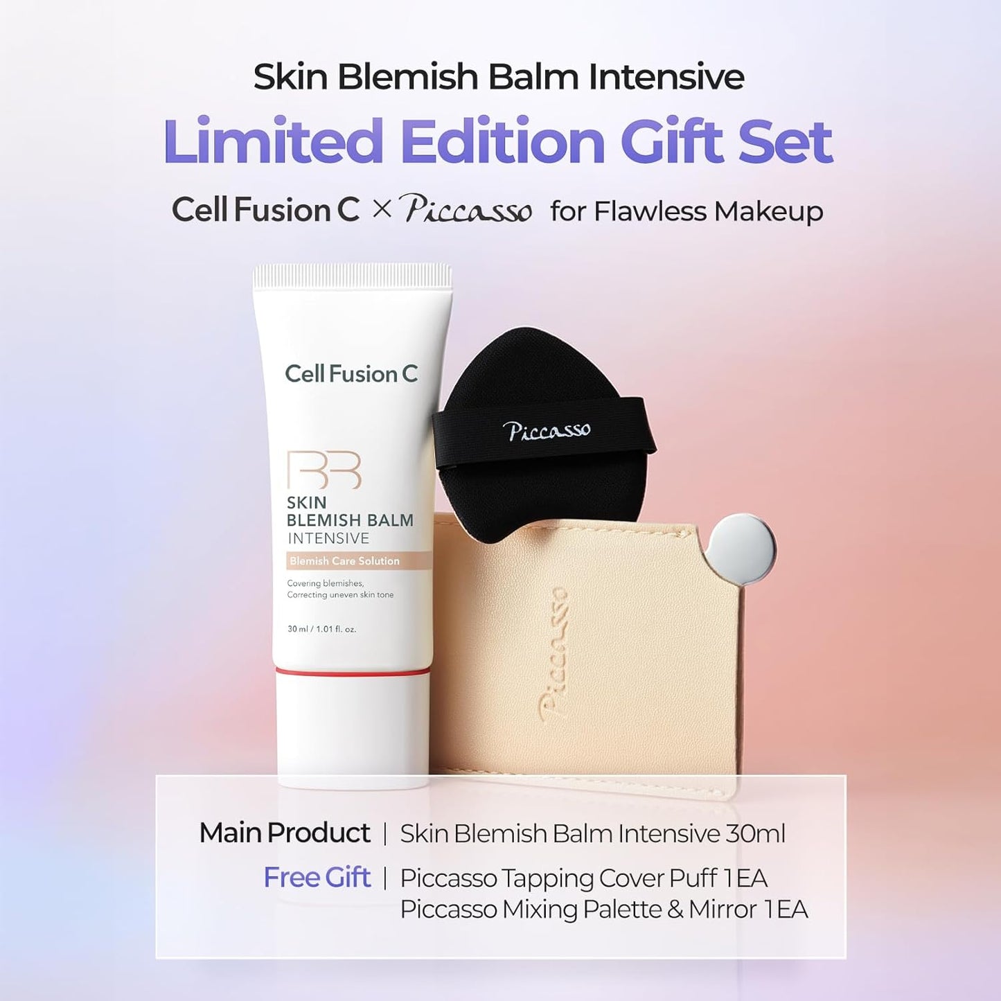 Cell Fusion C Skin Blemish Balm x Piccasso Limited Makeup Set No.19 Light | BB Cream + Makeup Puff + Mixing Palette Skincare | 24h Coverage with Natural Finish, 1.01 fl.oz.