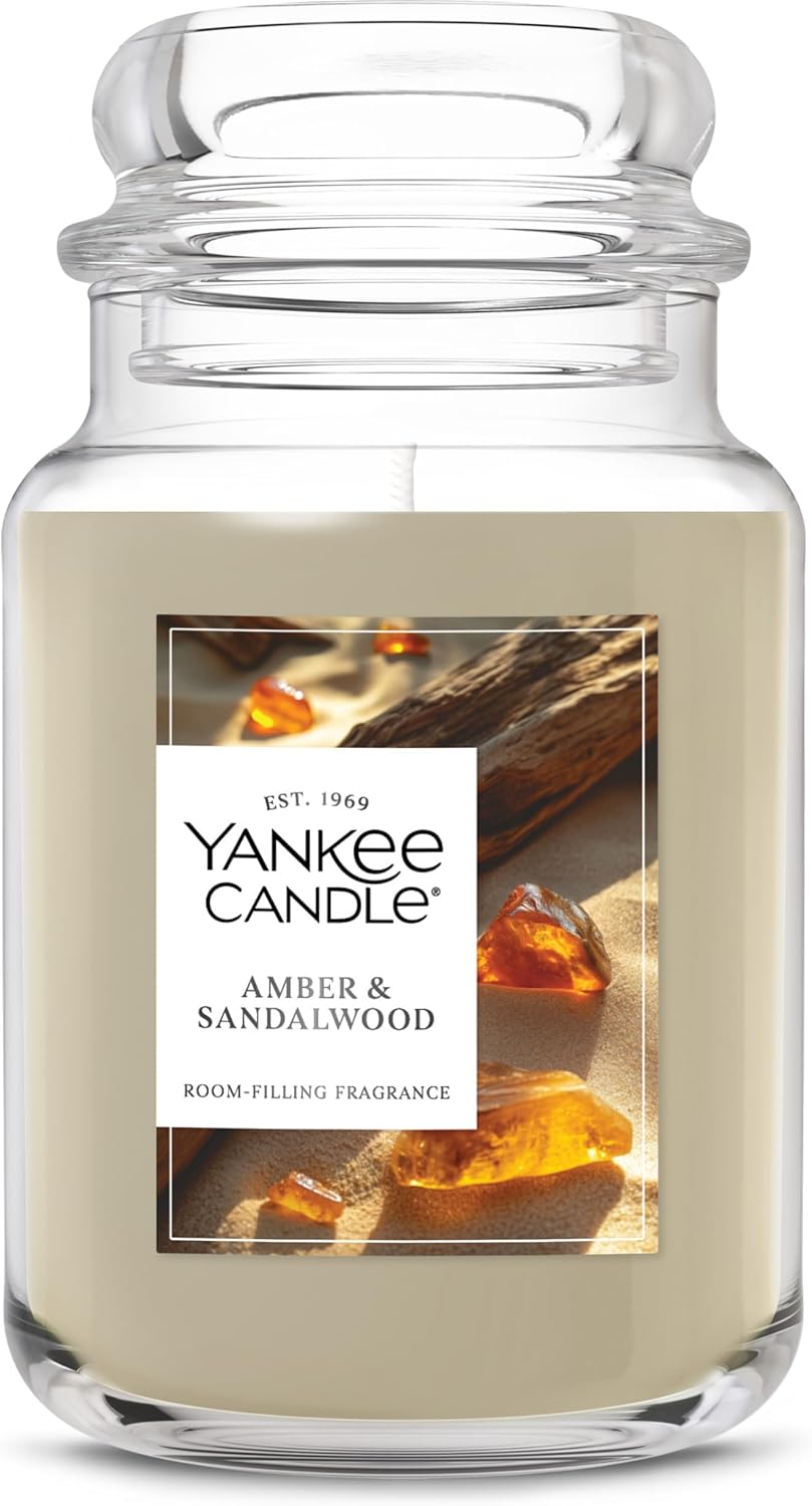 Yankee Candle, Amber & Sandalwood Fall Scented Candle, 22oz Large Jar with up to 150 Hour Burn Time