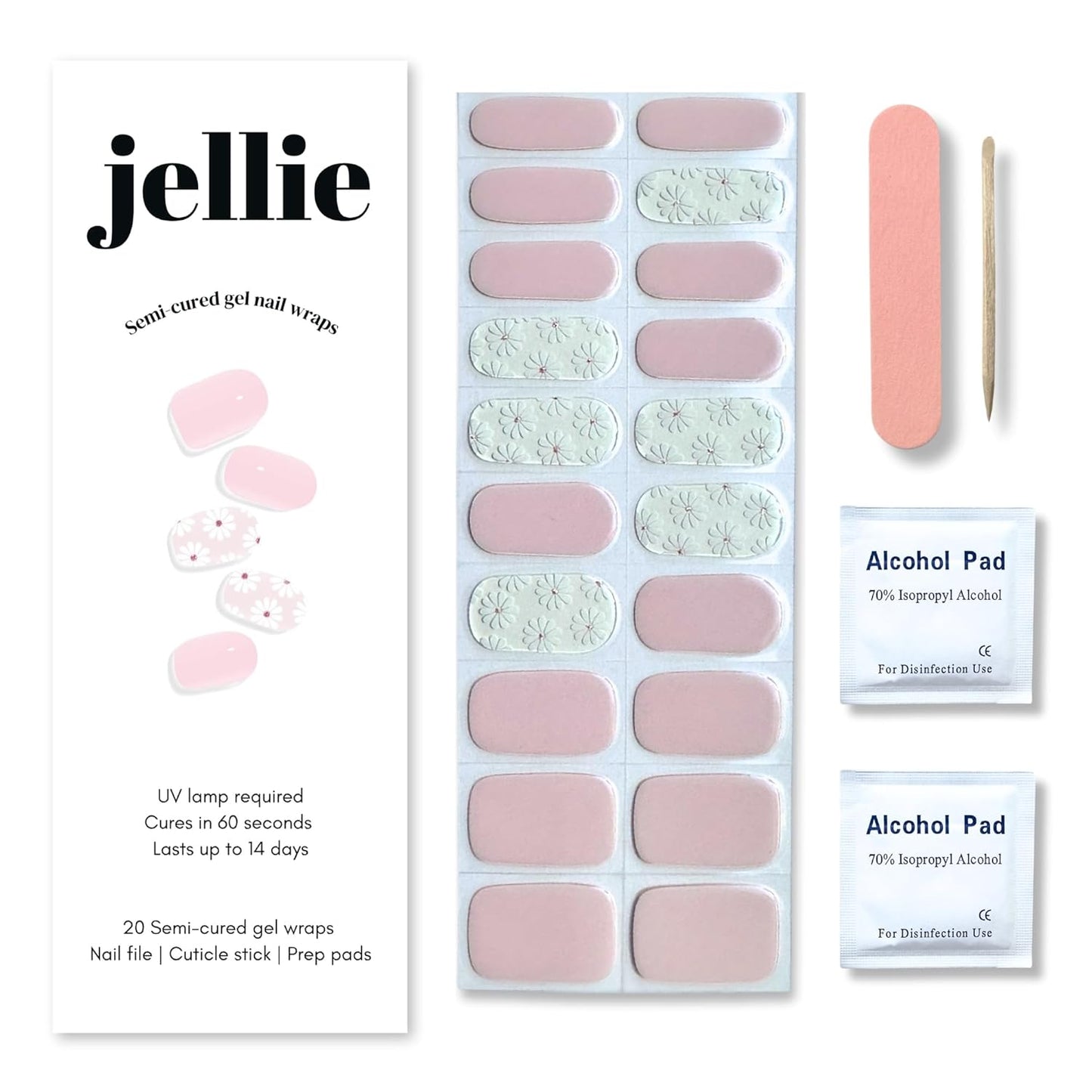 Semi-Cured Gel Nail Strips – 20 Extra-Long Nail Wraps in 10 Sizes – Real Gel Polish Stickers for DIY Manicure at Home – UV/LED Lamp Required – Long-Lasting, Easy to Apply, No Nail Damage