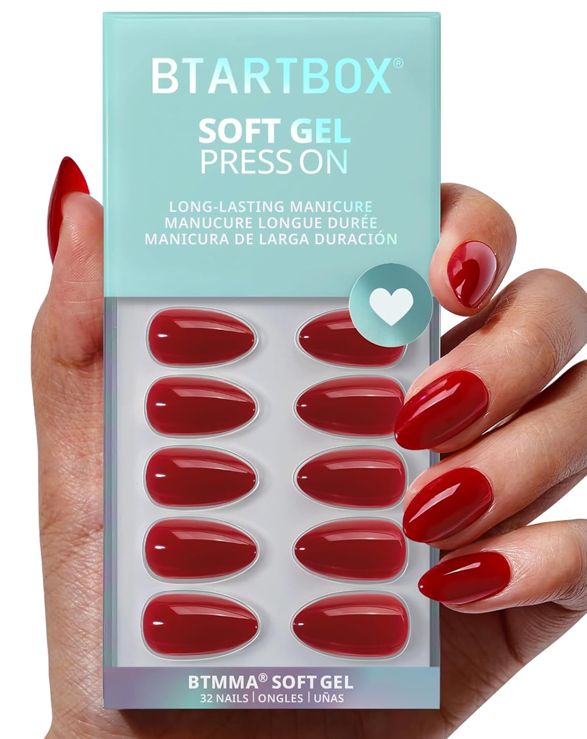 BTArtbox Press On Nails Almond - Pastel Red Short Press On Nails with Glue for Women, Opaque Soft Gel Glue On Nails in 16 Sizes - 32 Stick On Nails Kit, Power Suit
