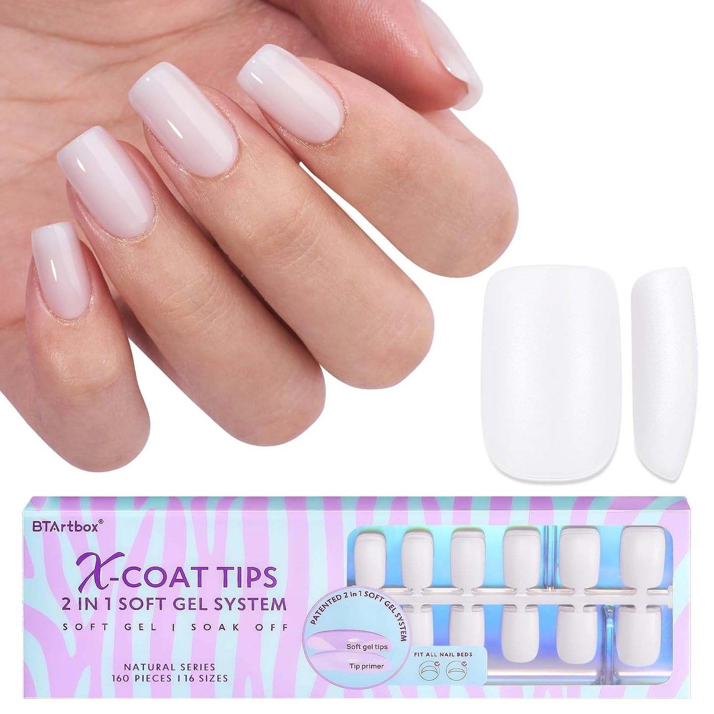 BTArtboxnails Square Gel Nail Tips Short - Pre Colored Milky White Soft Gel Nail Tips, Milky White Press on Nails, Natural XCOATTIPS