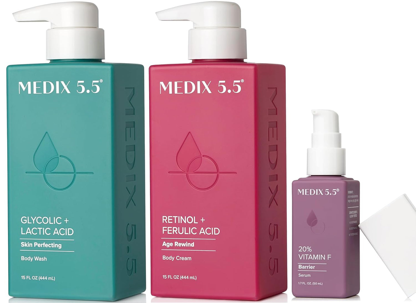 Medix 5.5 Anti Aging Skin Care | Retinol Body Cream + Exfoliating AHA Glycolic Acid Foaming Face & Body Wash + Vitamin F Booster Serum | Wash + Treat + Hydrate Skincare | 3 Piece Set