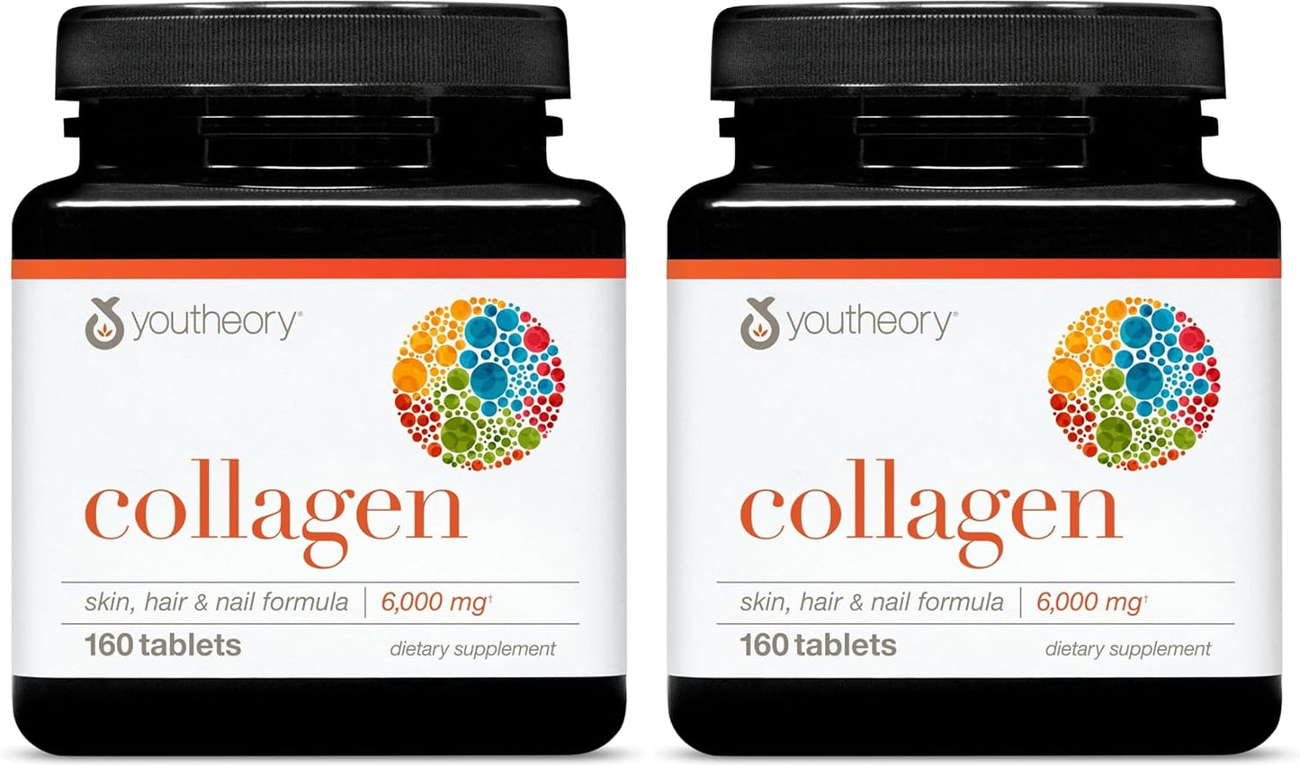 Youtheory Advanced Collagen - 6,000 mg - with Vitamin C - for Hair, Skin & Nails* - Collagen Supplements for Women and Men - 160 Tablets (Pack of 2)
