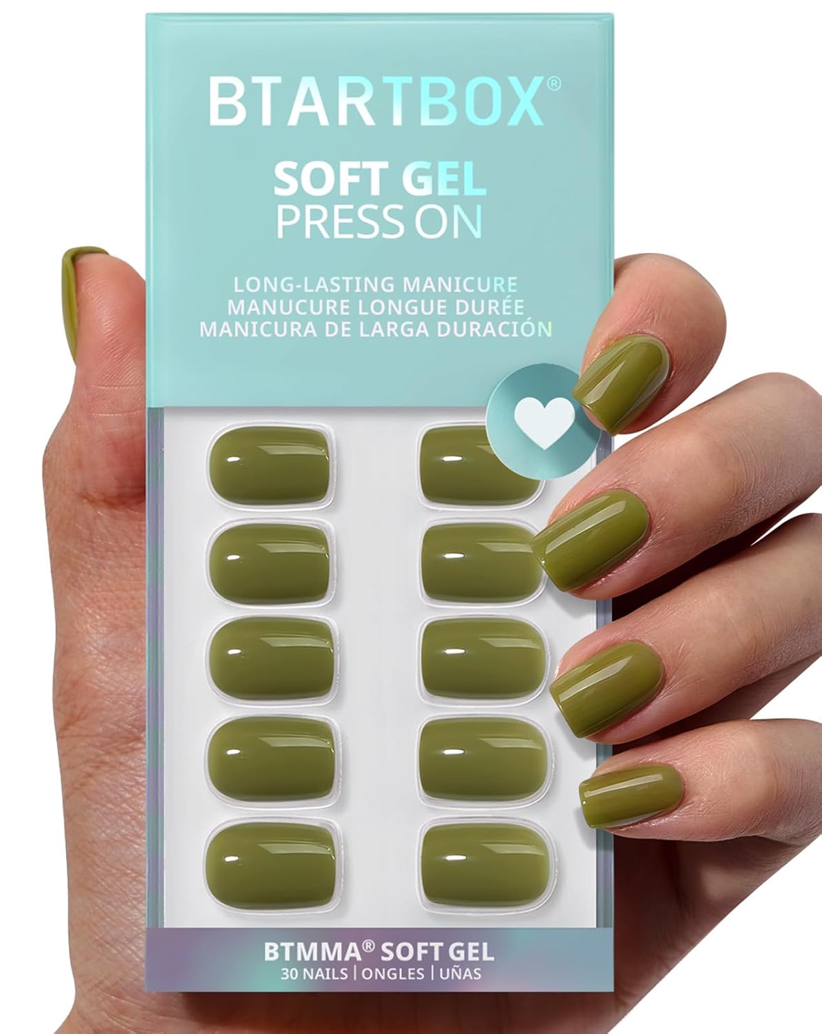 BTArtbox Press On Nails Short - Olive Green Squoval Press On Nails with Glue for Women, Opaque Soft Gel Glue On Nails in 15 Sizes - 30 Stick On Nails Kit, Moss Muse