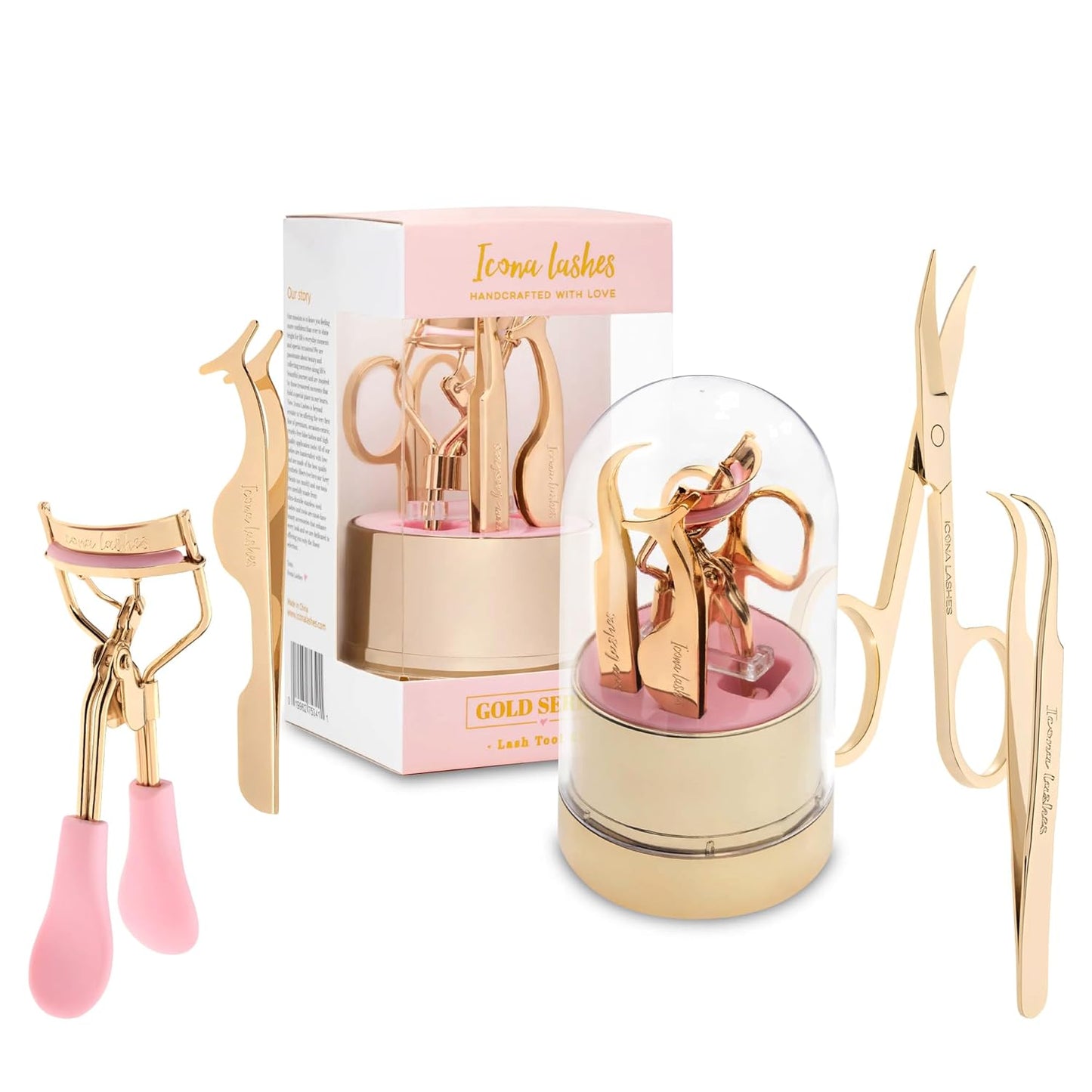 4-in-1 False Eyelash Tool Kit - DIY Lash Extension Kit with Tweezer, Curler, Scissors, Applicator - 24K Gold Plated Stainless Steel Accessories in Clear Dome Organizer, Beautiful Gift Box
