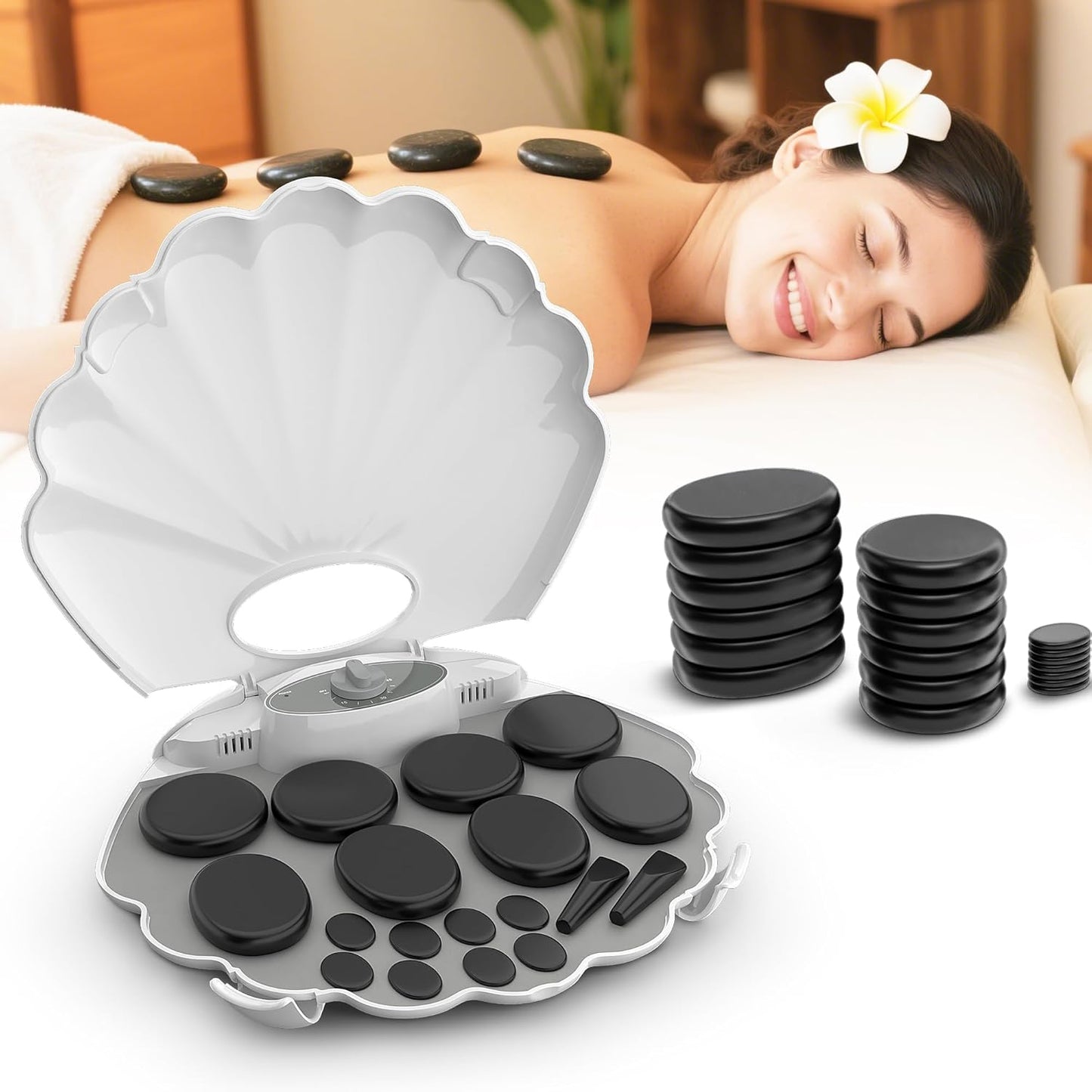Shell Hot Stones Massage Set, 18-Piece Basalt Hot Stones with Heater Kit, Featuring an Elegant Seashell Design for Spa Use. Perfect for Relaxation, Healing, and Pain Relief. (White)