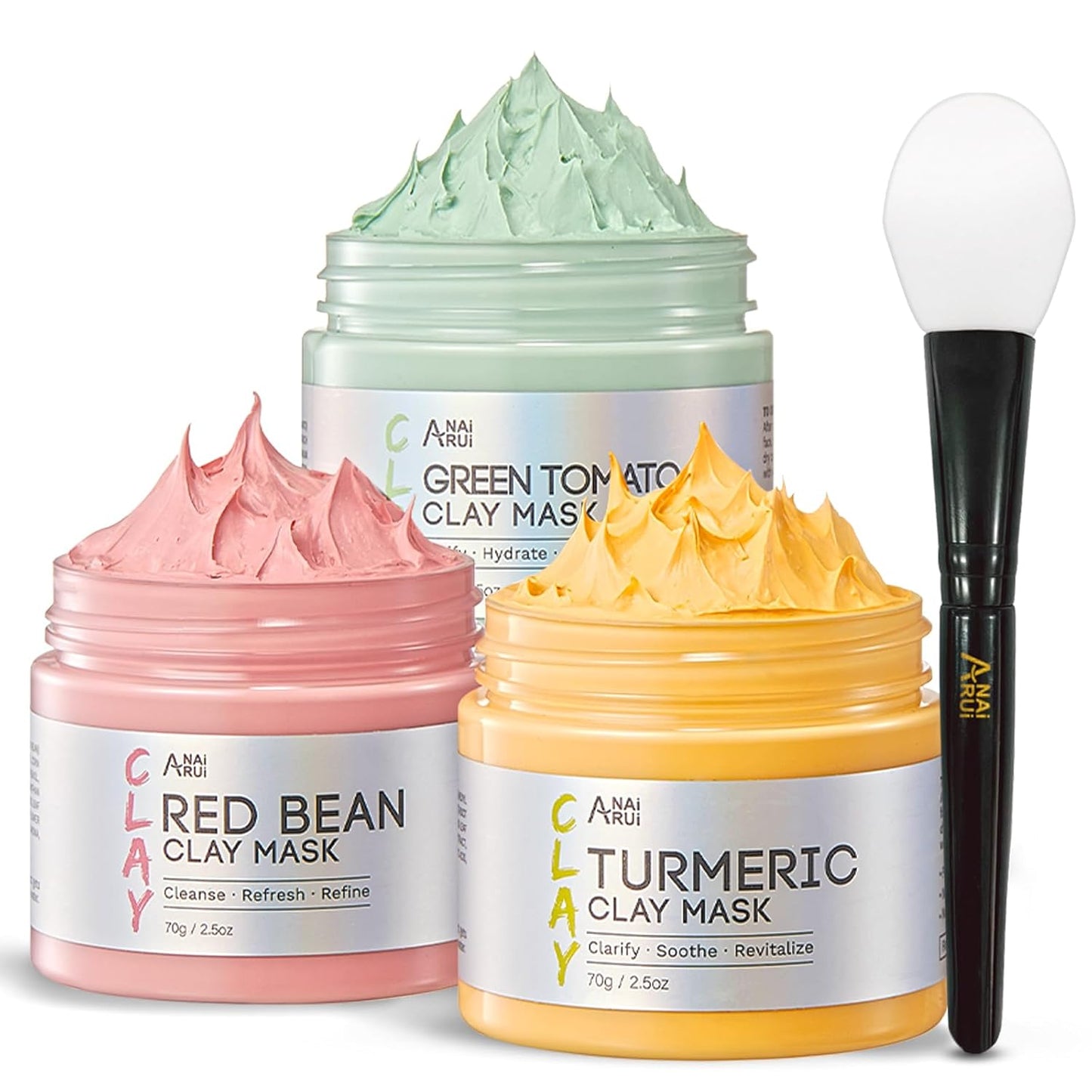 ANAI RUI 3 Pcs Green Tomato Clay Mask Set - Turmeric Vitamin C Facial Mask for Women, Red Bean Refreshing Pore Mask, 3-in-1 Detoxifying Mud Mask Spa Gift Set 2.5 oz each