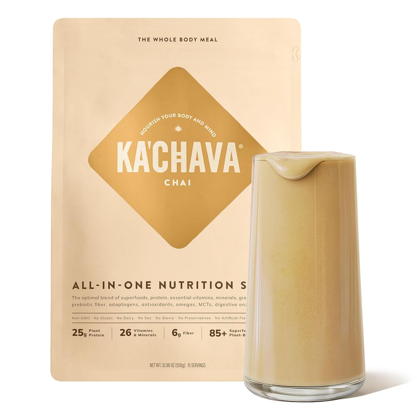 Ka’Chava Whole Body Meal Shake Chai 2 lb – Vegan Protein Powder with 85+ Superfoods & Greens – Plant-Based Meal Replacement with Probiotics & Digestive Enzymes – Gluten & Dairy Free (15 Servings)