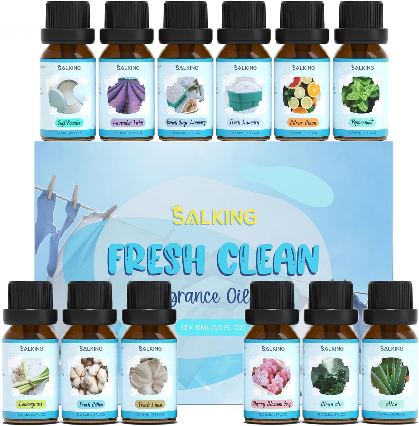 SALKING Clean Fragrance Oils Set, 12 x 10ml Premium Essential Oils Set for Diffuser, Natural Clean Scents Scented Oils, Soap & Candle Making Scents, Aromatherapy Oils Collection