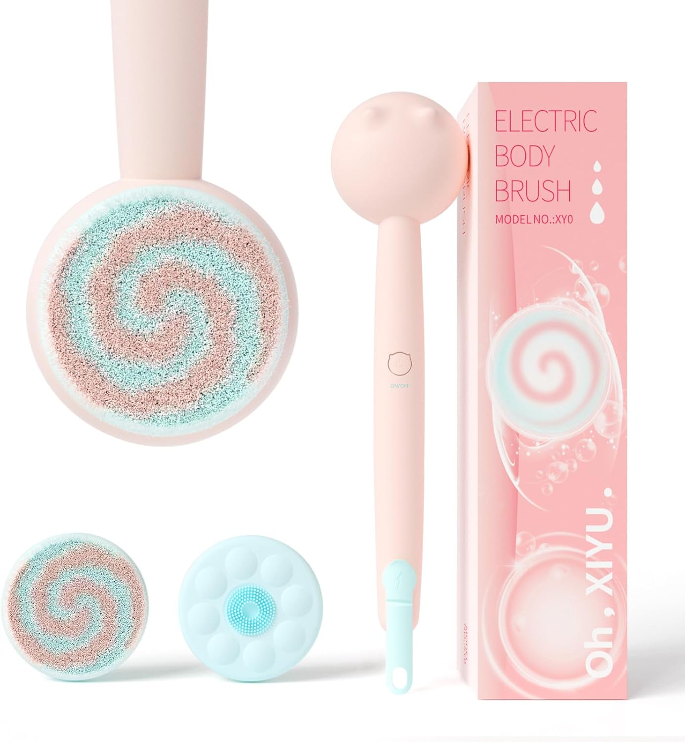 Electric Back Scrubber for Shower Body Brush, Waterproof Shower Body Scrubber for Cleansing, Massaging, Rechargeable Bath Brush for Kids & Adults with 2 Heads & 3 Speed Modes, Berry Pink XY0