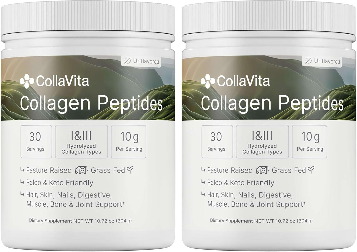 Collagen Peptides Powder Grass-Fed Pasture-Raised Hydrolyzed Collagen Powder, Type I & III Hair, Nails, Skin and Joints, Non-GMO, Paleo & Keto, Unflavored, 10 Fl oz. 2 Pack, 30 Servings