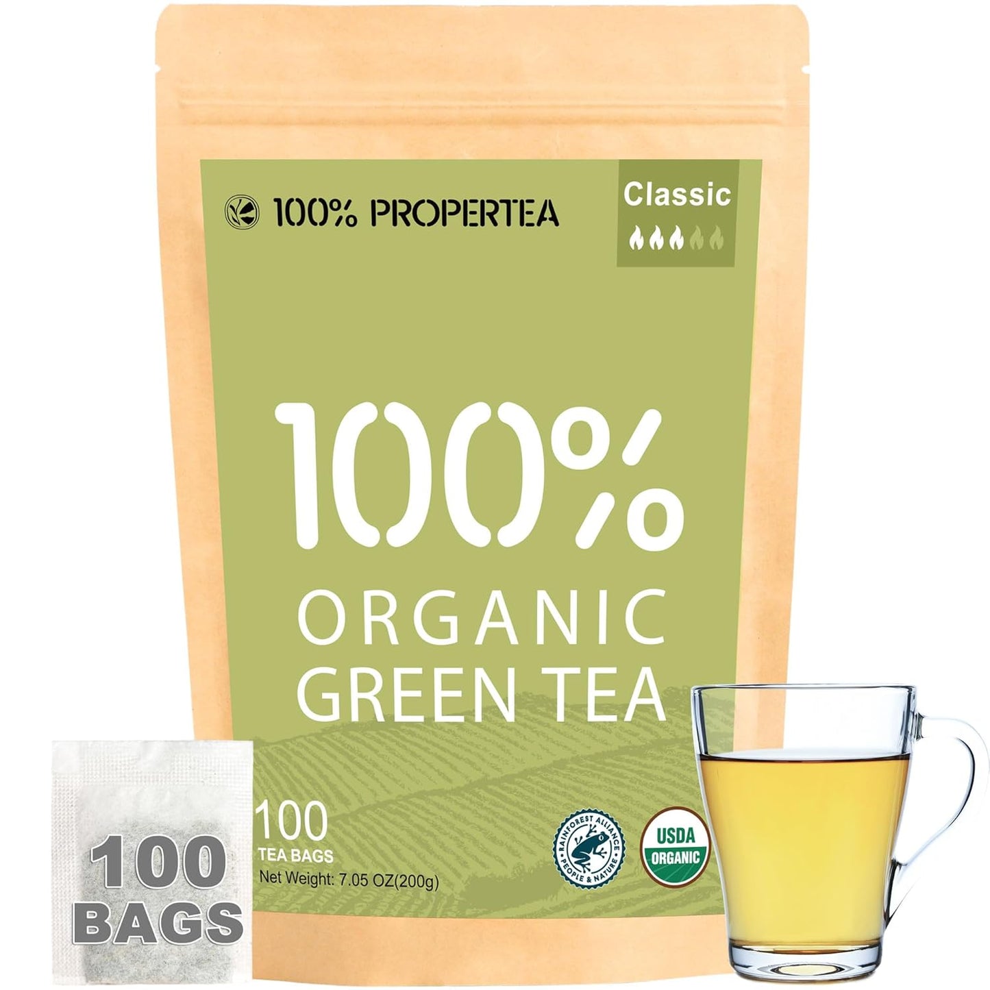 100% Propertea Organic Green Tea Bags, 100 Count Eco-Friendly Tea Bags, Classic Taste, Caffeinated, Rich in Antioxidants, Resealable Pouch