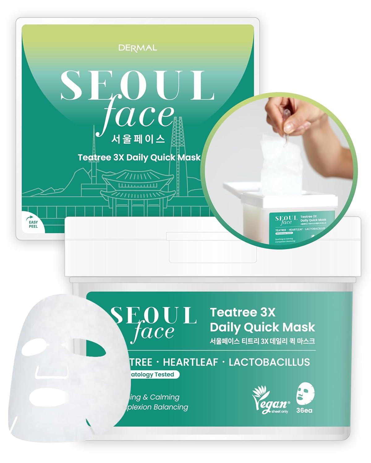 DERMAL Seoul Face Teatree 3X Daily Quick Mask 36 Sheet – Korean Skincare Vegan Tencel Facial Masks - Calming, Soothing, Blemish Control Face Mask Sheets with Heartleaf Extract, Lactobacillus