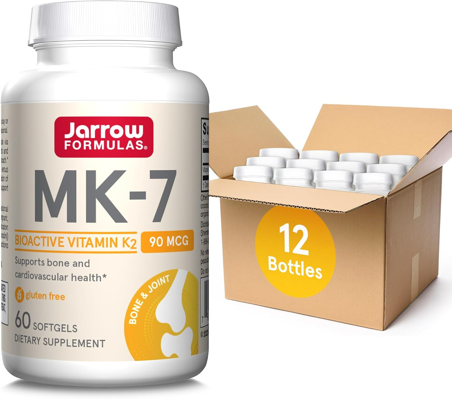 Jarrow Formulas MK-7 90mcg-Bioactive Form of VIT K2-60 Servings(Softgels)-for Bone & CV Health-VIT K2 MK-7 Dietary Supp-K2 VIT Supp MK-7-Gluten Free,12 Pack