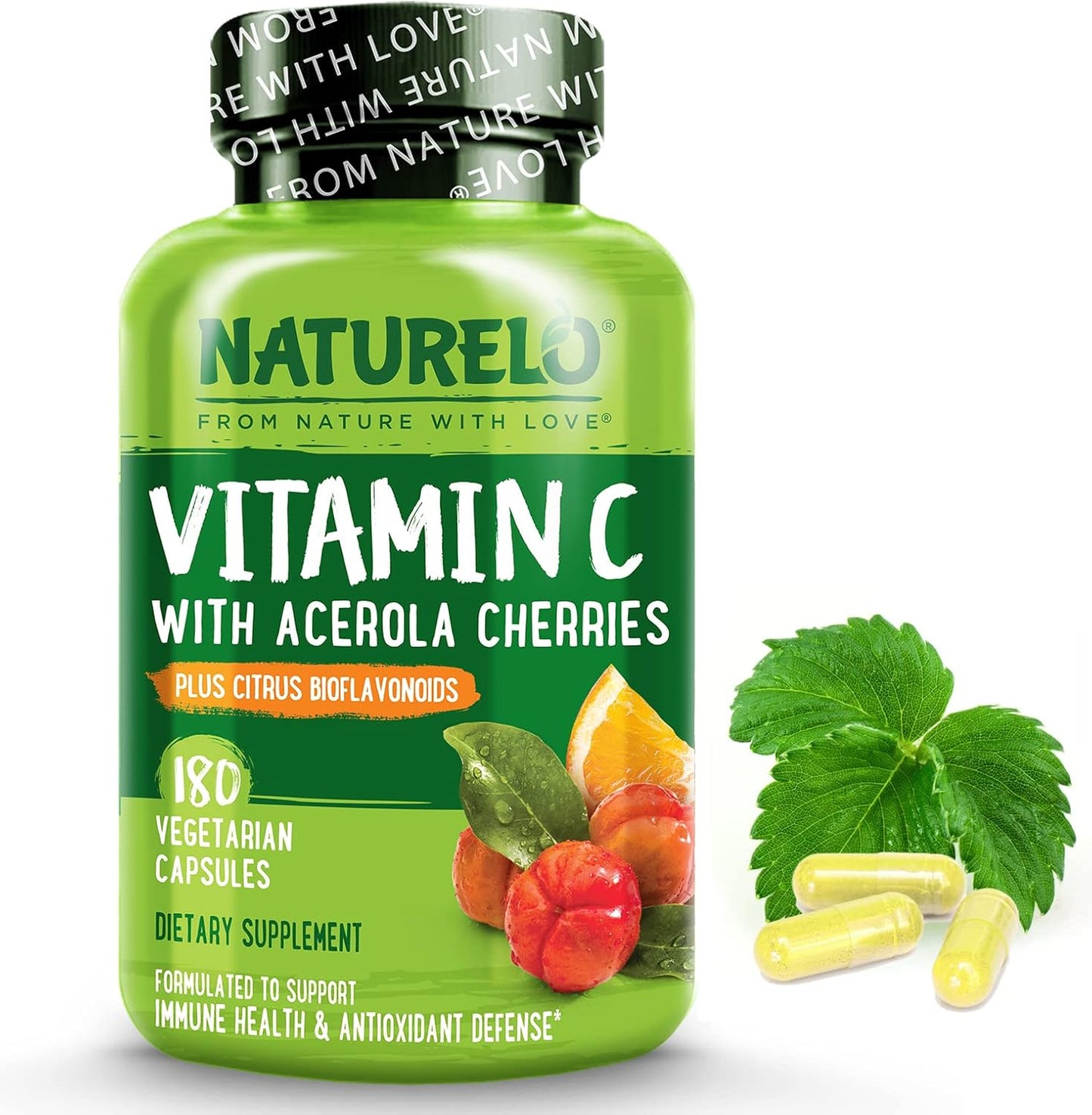NATURELO Vitamin C with Organic Acerola Cherry Extract and Citrus Bioflavonoids - Vegan Supplement - Immune Support - 500 mg VIT C per Cap - Non-GMO - 180 Capsules
