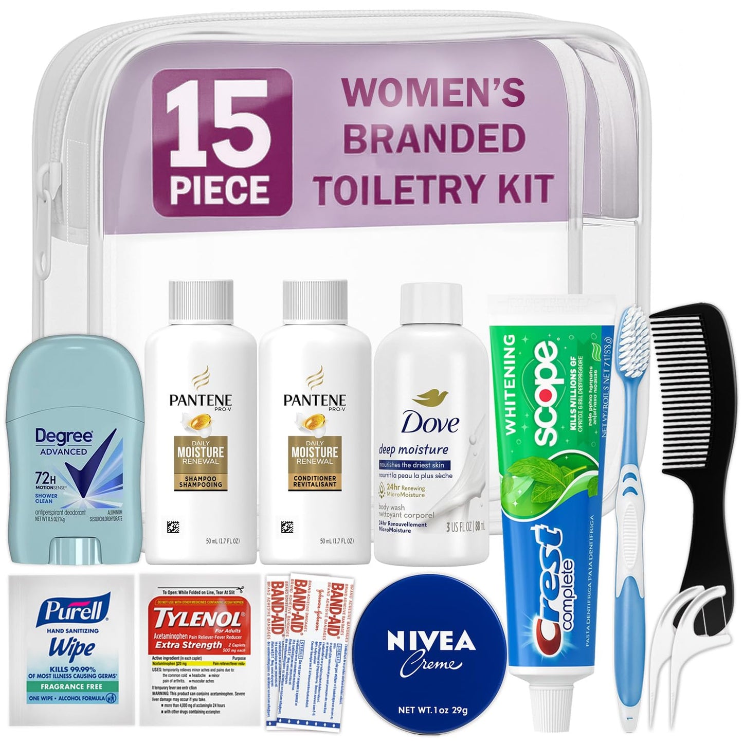 Peaknip Travel Toiletry Kit For Women - 15 Piece Travelers Essentials, TSA Compliant, Travel Size Toiletries kit, Bundle includes Shampooo & Conditioner, Body Wash, Deodorant, Moisturizer & More