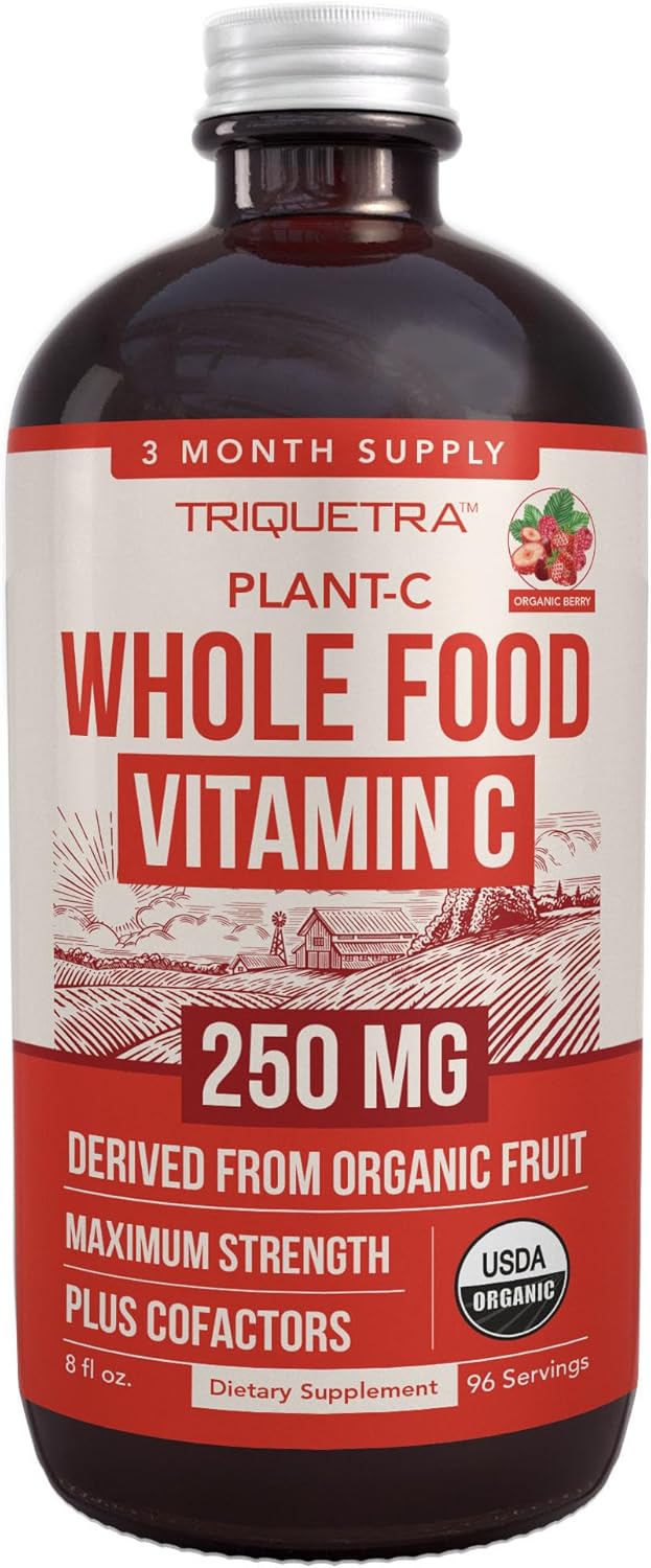 Organic Vitamin C Liquid - 250 mg | Whole Food Vitamin C Supplement from Fruit Plus Absorption Cofactors, Rutin & Citrus Bioflavonoids - Immune & Antioxidant Support, Total Health (96 Servings)