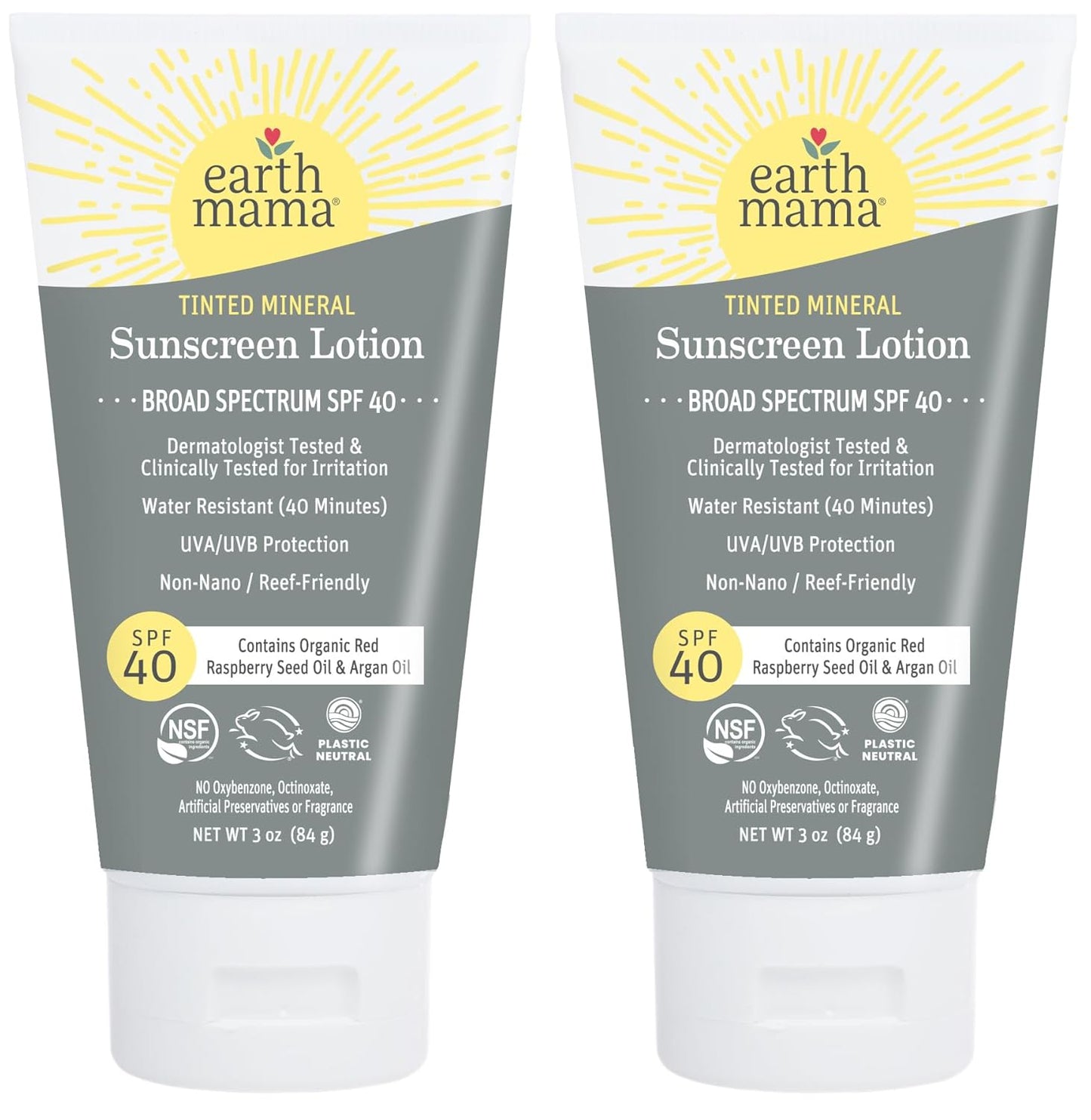 Earth Mama Tinted Mineral Sunscreen Lotion SPF 40, Contains Organic Argan and Red Raspberry Seed Oil, 3-Ounces, 2-Pack