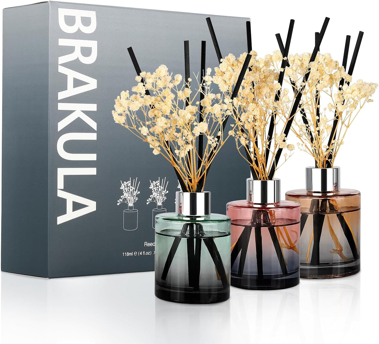Brakula 3 Pack Reed Diffuser, Oil Diffuser Sticks, White Jasmine, Eucalyptus&Wild Mint, Lavender Vanilla, (4 fl oz Each Pack), Home Fragrance with 18 Stick, Shelf Decor, Reed diffusers for Home
