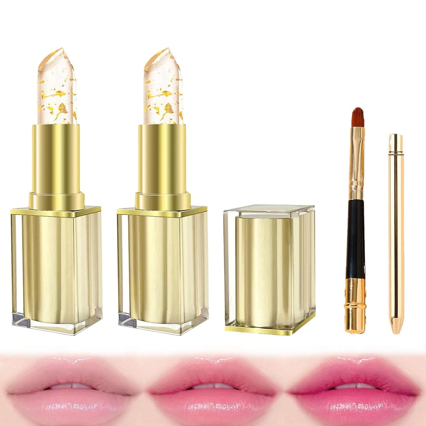 Color Changing Lipstick, 24 Hours Lipsticks Long Lasting Waterproof, Transferproof Color Changing Ph Clear Lip Gloss, Moisturizing Nourishment Lipstick Gold Foil for Women (2Pcs)