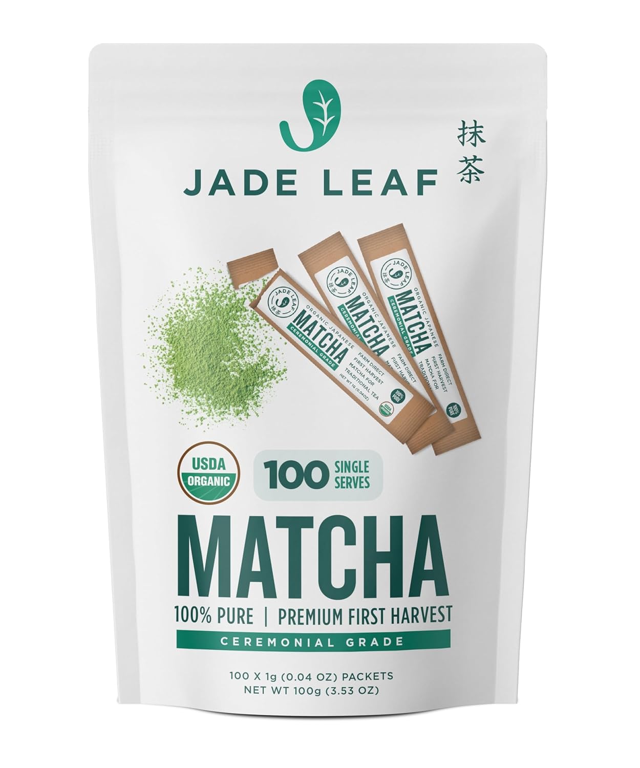 Jade Leaf Matcha Organic Ceremonial Grade Green Tea Powder - Bulk Matcha Single Serve Stick Packs - Authentic Japanese Origin (100 Count Single Serve Stick Pack Box)