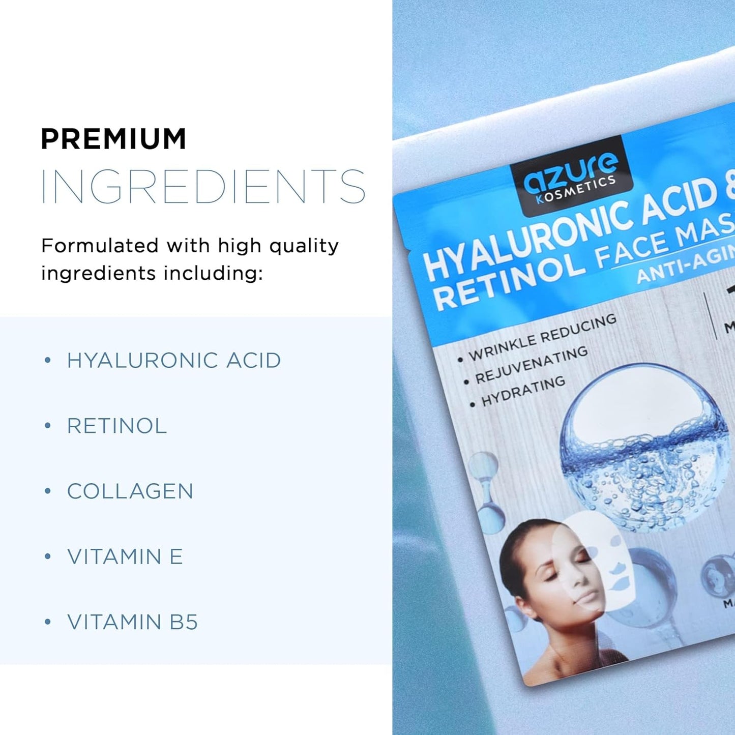 Azure Cosmetics Hyaluronic Acid & Retinol Anti Aging Face Mask - Dermatologist Tested - Rejuvenating & Hydrating - Helps Reduce Fine Lines & Wrinkles, Smooths & Repairs - Korean Skin Care - 10 Pack