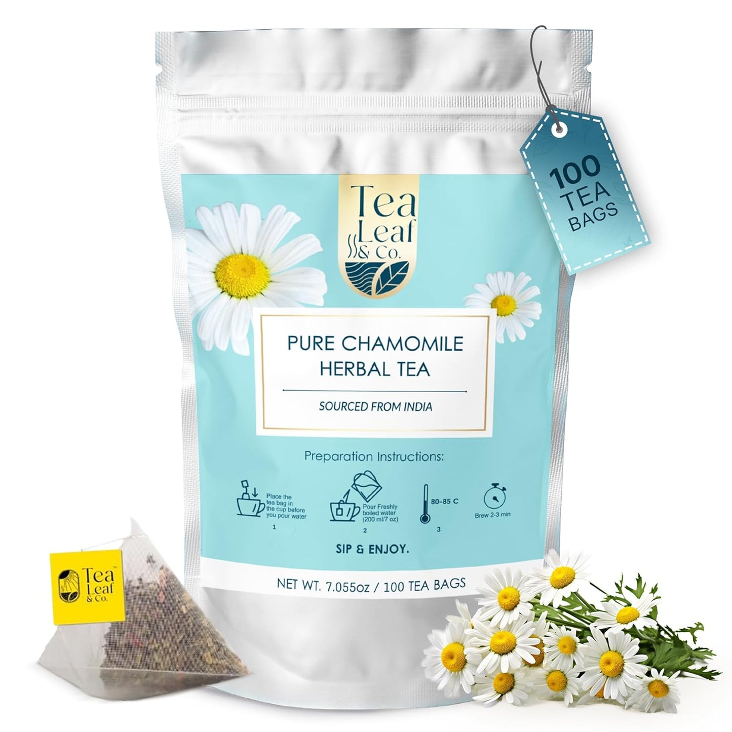 Tealeaf & Co. Pure Chamomile Herbal Tea - Organic Chamomile Tea Bags Blended with Fresh Herbs - Contains Low Caffeine - Gluten Free - 100 Teabags (7.055oz/200gm)