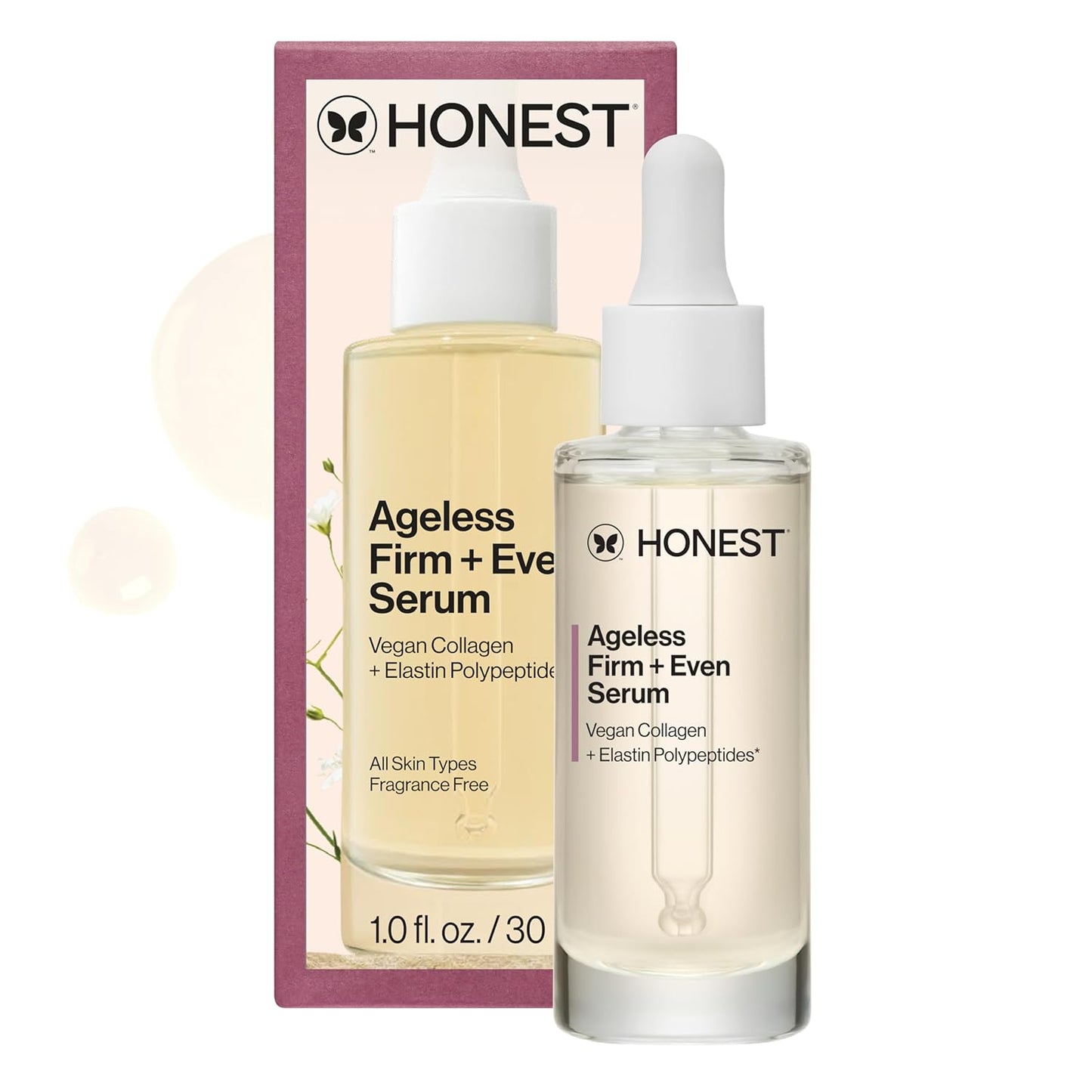 Honest Beauty Ageless Firm and Even Serum | Powered by Vegan Collagen and Elastin Polypeptides | Firmer-Looking Skin and Even Tone | Fragrance Free, EWG Verified, Vegan, Cruelty-Free | 1 fl oz