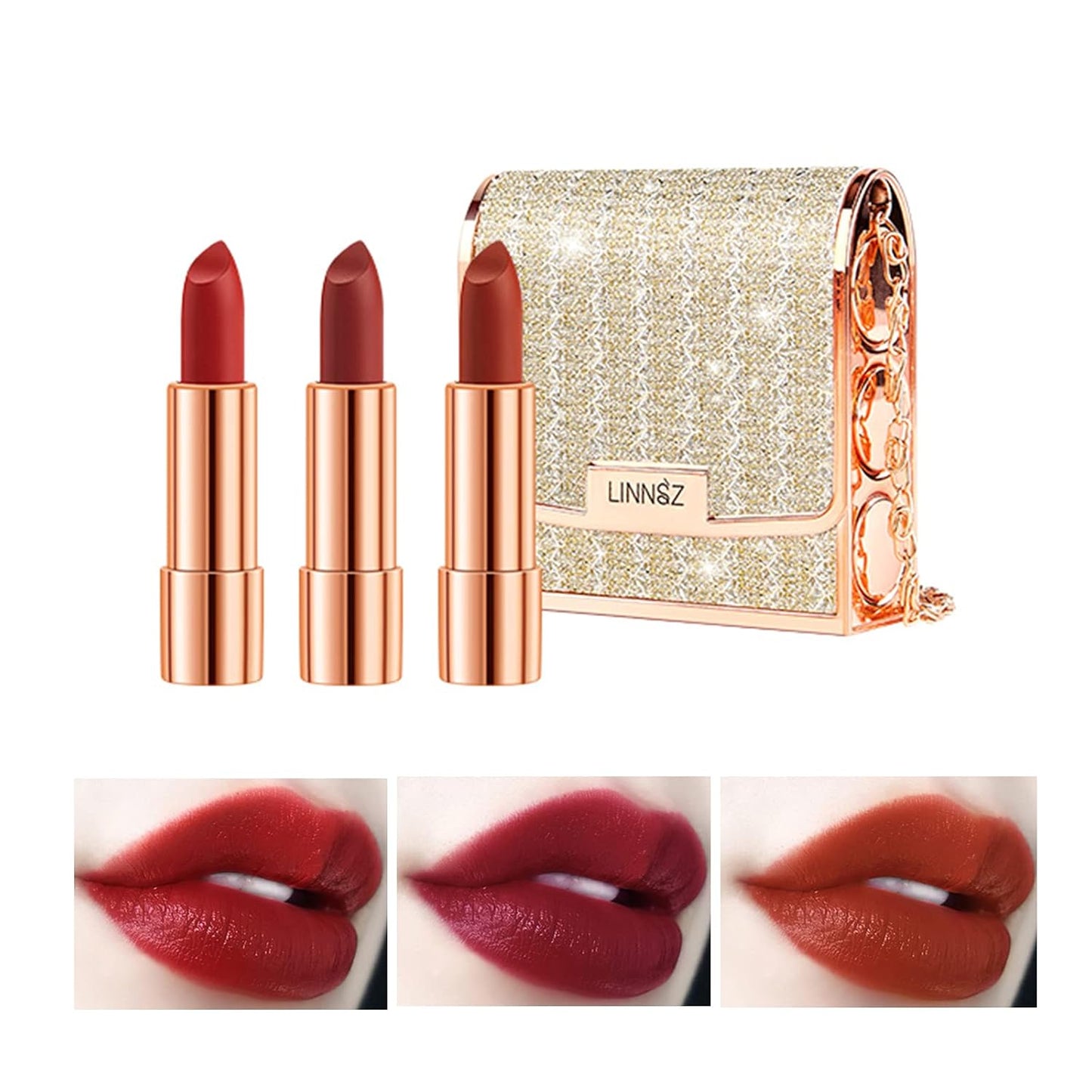Matte Lipstick Makeup Set for Women - 3pcs Long Lasting Velvet in Glamour Chain Bag, Non-Stick Cup Red, Not Fade Waterproof, Lip Kit Gift Set