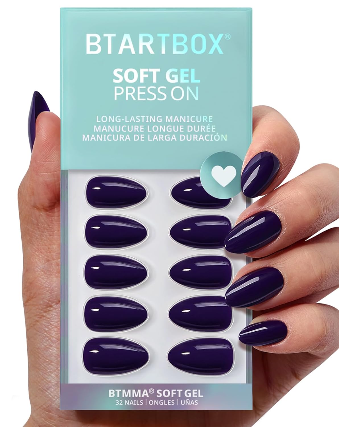 BTArtbox Press On Nails Almond - Dark Purple Short Press On Nails with Glue for Women, Opaque Soft Gel Glue On Nails in 16 Sizes - 32 Stick On Nails Kit, Storm Black