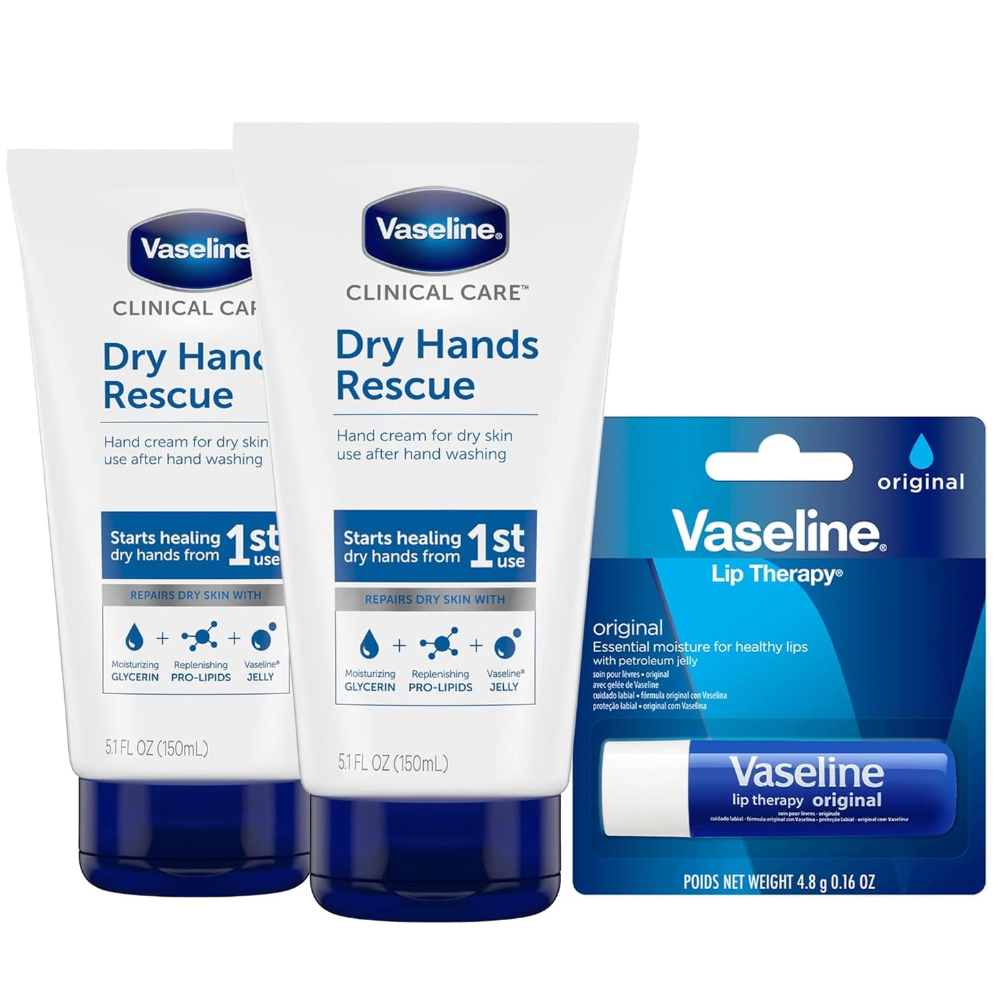 Vaseline Hand Cream, Dry Hands Rescue 2-Pack – Clinical Care Formula, Fragrance-Free, 5.1 Oz Ea + Lip Therapy Original Moisturizer for Lips, 0.16 Oz