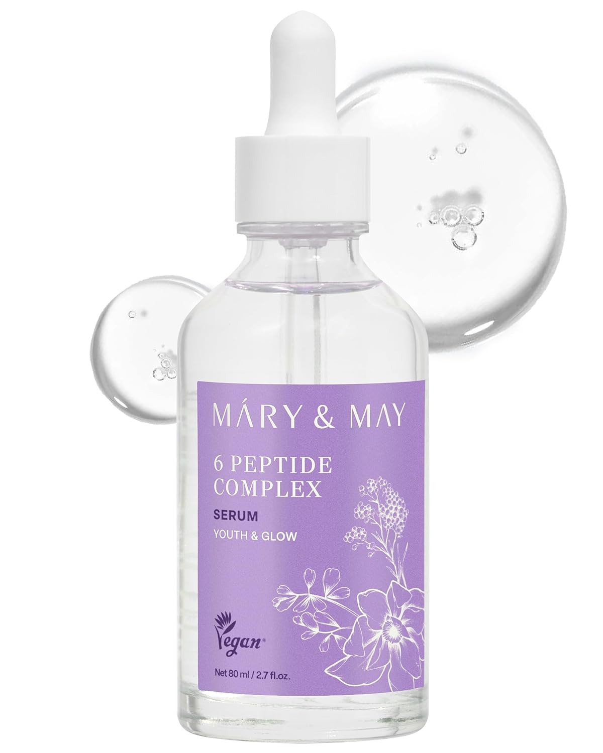 Mary&May 6 Peptide Complex Serum - Korean Anti-Aging Face Treatment for Wrinkle Reduction, Skin Firmness & Hydration, EWG Verified, Fragrance Free, 2.71 fl.oz.