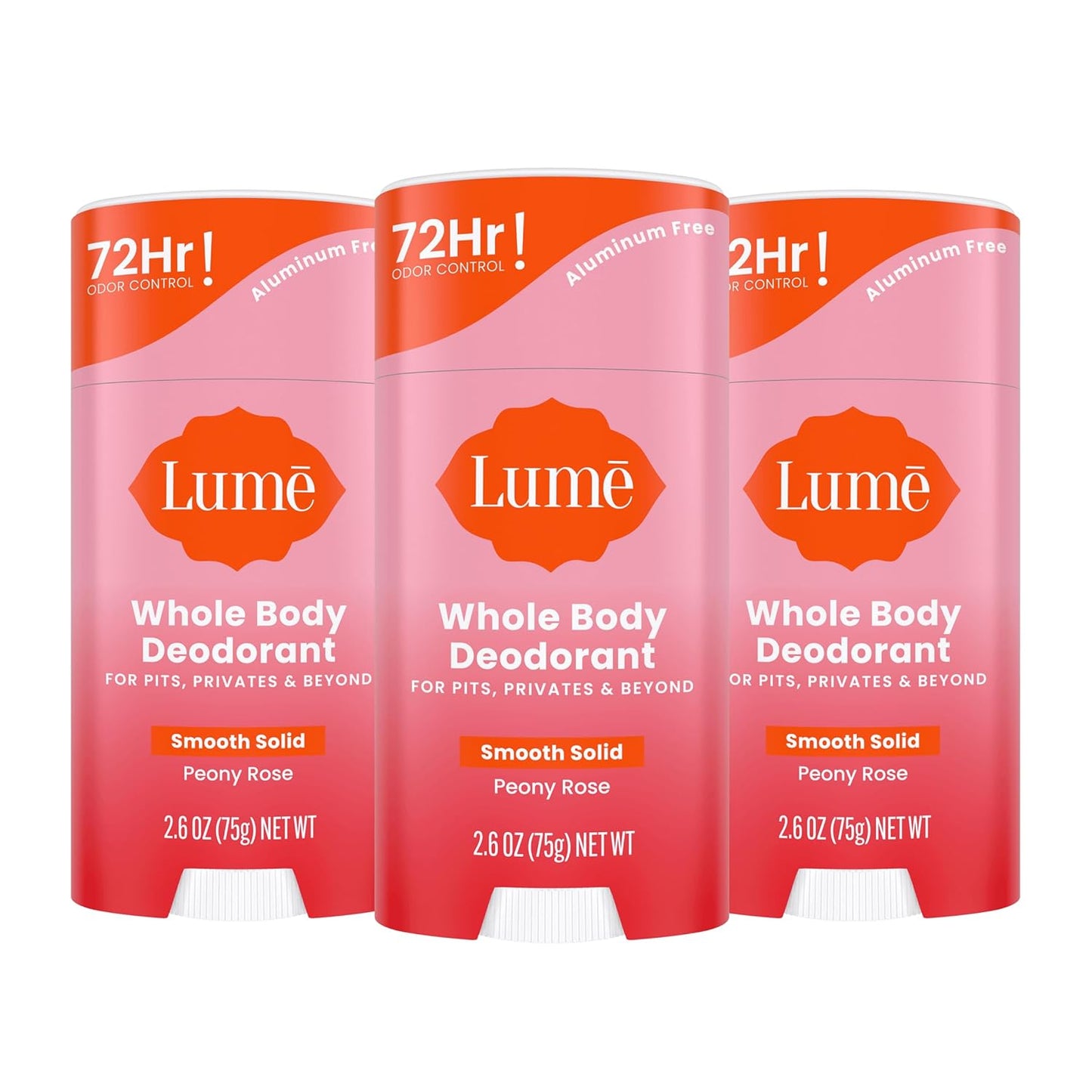 Lume Whole Body Deodorant - Smooth Solid Stick - 72 Hour Odor Control - Aluminum Free, Baking Soda Free and Skin Loving - 2.6 Ounce (Pack of 3) (Peony Rose)