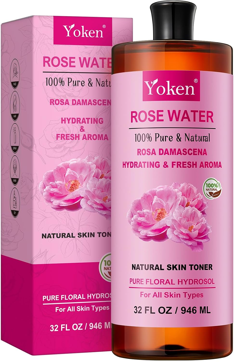 Pure Rose Water Toner for Face, 32 Fl Oz Bulk, 100% Natural Rosa Damascena Rose Hydrosol, Refreshing Rosewater for Hair, Skin, Aromatherapy, Hydrates & Soothes, Alcohol Free, Chemical Free