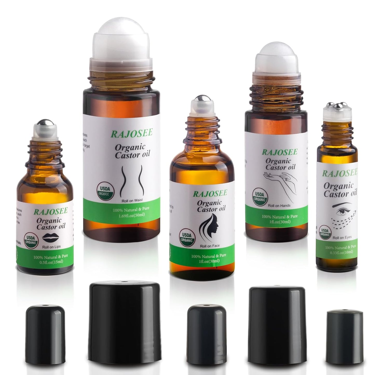 5 Pcs Castor Oil Roll on Set, Certified Organic Castor Oil Rolling for Skin Waist Back Leg Lip Eyebrow Hair, Cold Pressed Essential Oil in Glass Bottle