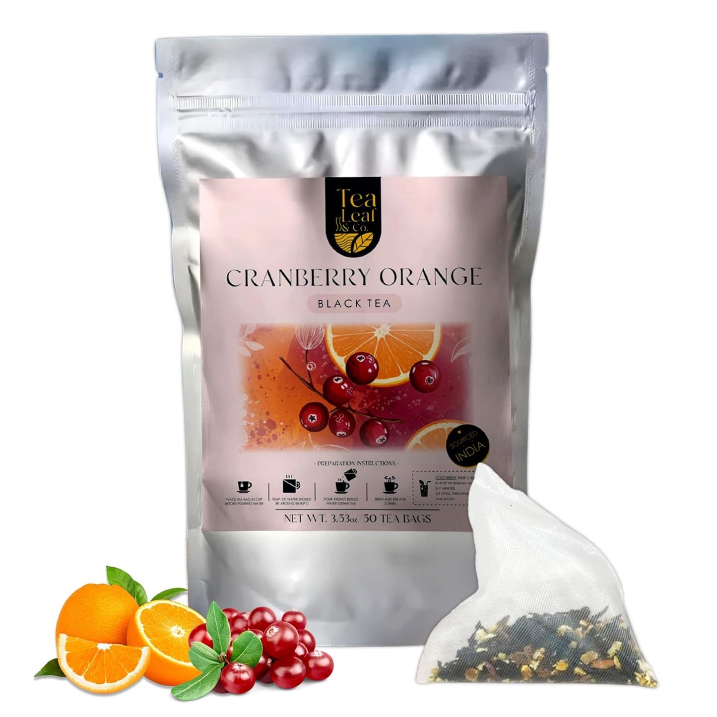 Tealeaf & Co. Cranberry Orange Black Tea Bags Blended with Fresh Herbs and Spices - Organic Black Tea Bags with Orange Peel, Star Anise & Hibiscus - Low Caffeine - Gluten Free - 50 Teabags