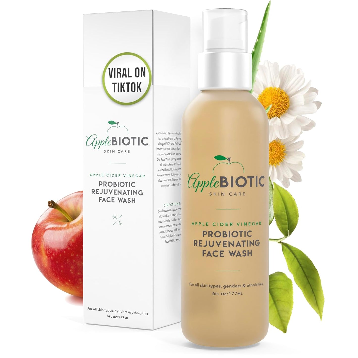 AppleBiotic Apple Cider Vinegar Face Wash - Exfoliating Face Wash, Hydrating Gel Foaming Facial Cleanser, Fragrance Free, 6oz