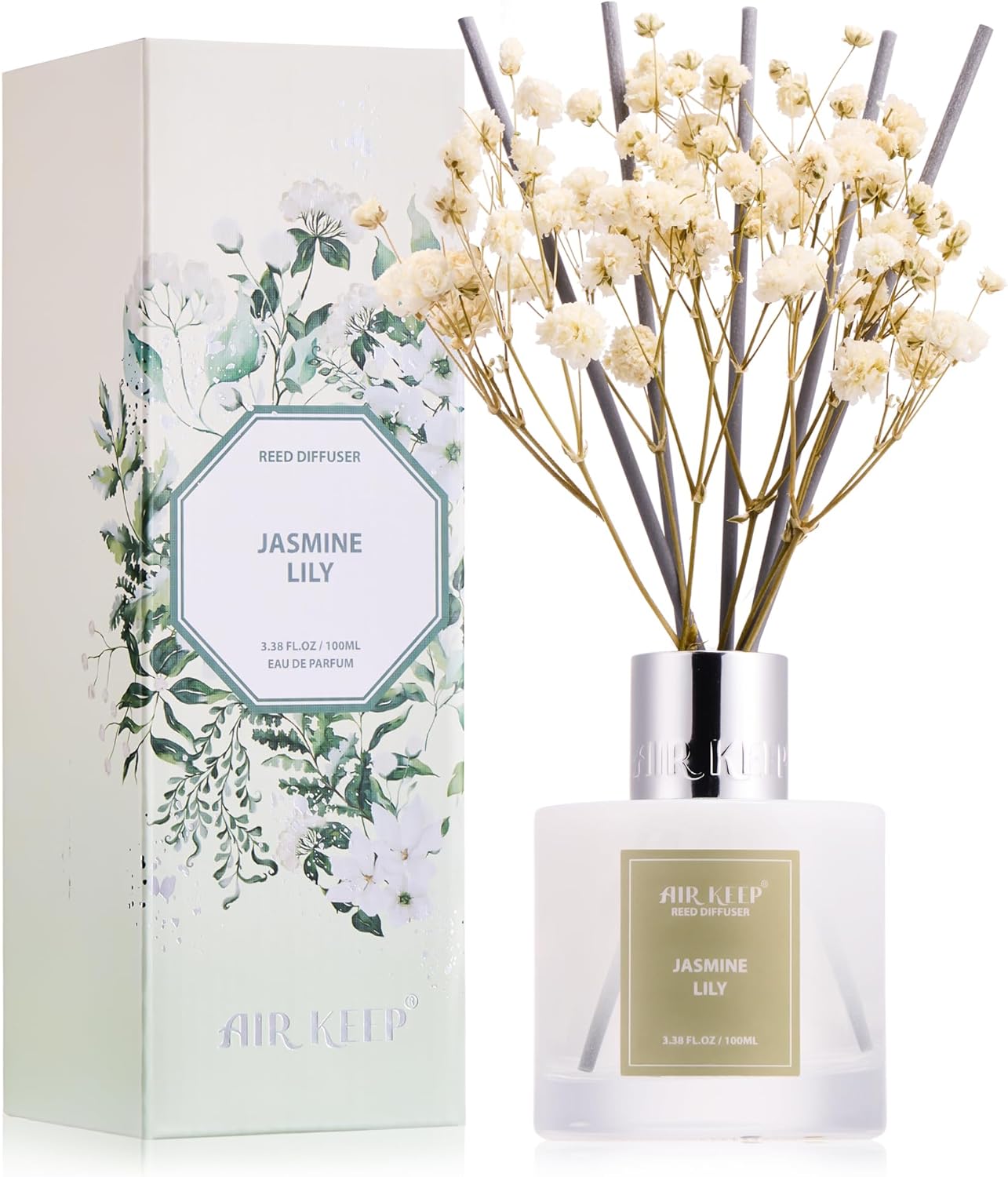 Airkeep Reed Diffuser Set, 3.38 fl oz (100 ml) - Jasmine Lily Lemon Oil Diffusers with 8 Reed Sticks, Home Fragrance Reed Diffuser for Bathroom Shelf Decor