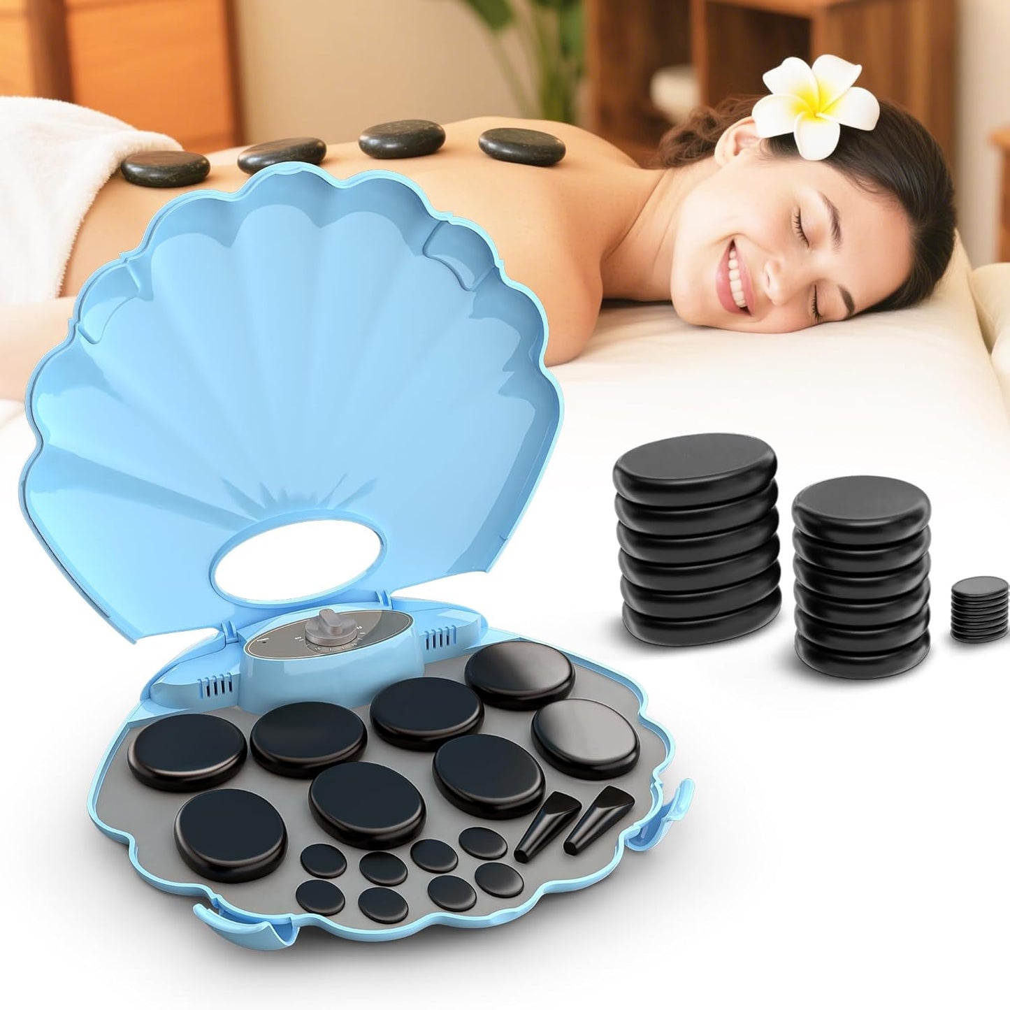 Shell Hot Stones Massage Set, 18-Piece Basalt Hot Stones with Heater Kit, Featuring an Elegant Seashell Design for Spa Use. Perfect for Relaxation, Healing, and Pain Relief. (Blue)