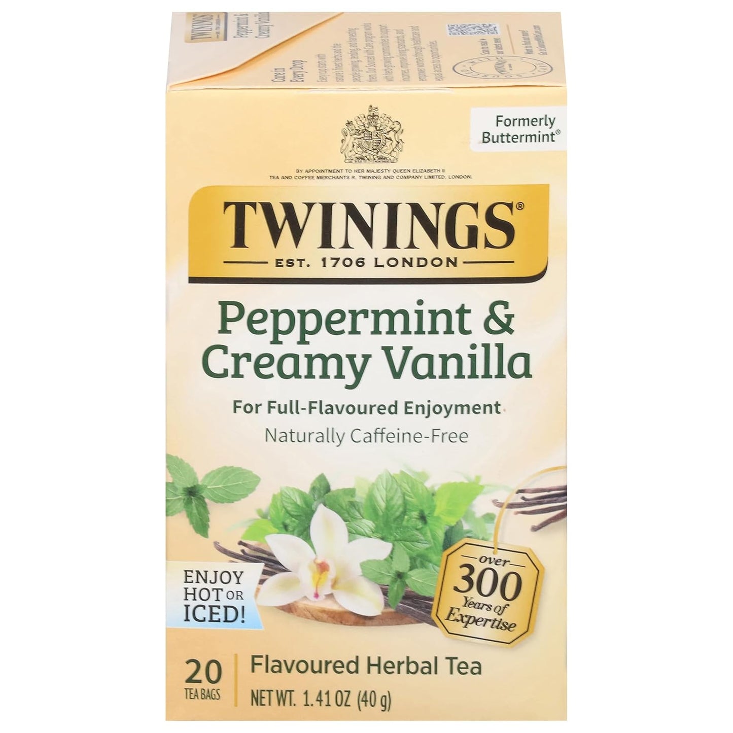 Twinings Peppermint & Creamy Vanilla Herbal Tea Individually Wrapped Bags, 20 Count (Pack of 1), Formerly Buttermint, Naturally Caffeine-Free, Enjoy Hot or Iced