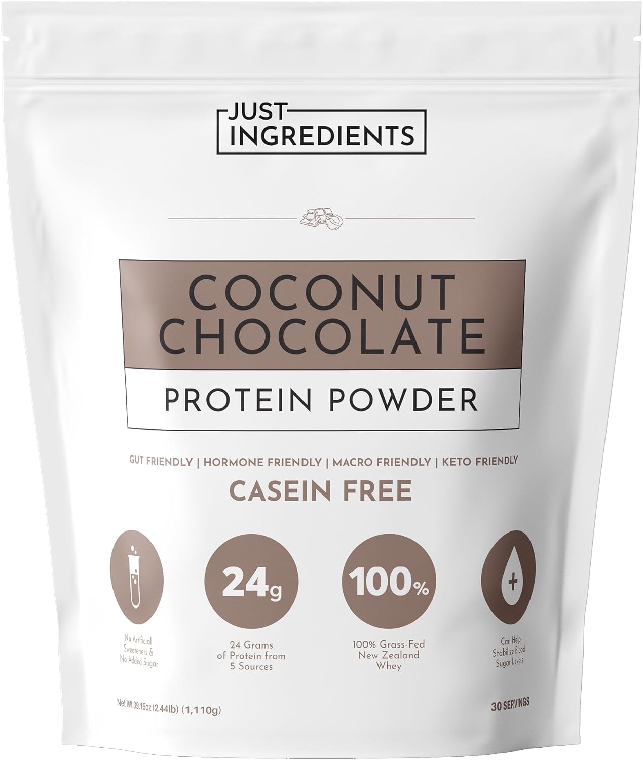 JUST INGREDIENTS Coconut Chocolate Protein Powder – 30-Serving Blend with 100% Grass-Fed Whey & Organic Plant Proteins – Creamy Coconut Cocoa Flavor – Supports Muscle Recovery, Energy*