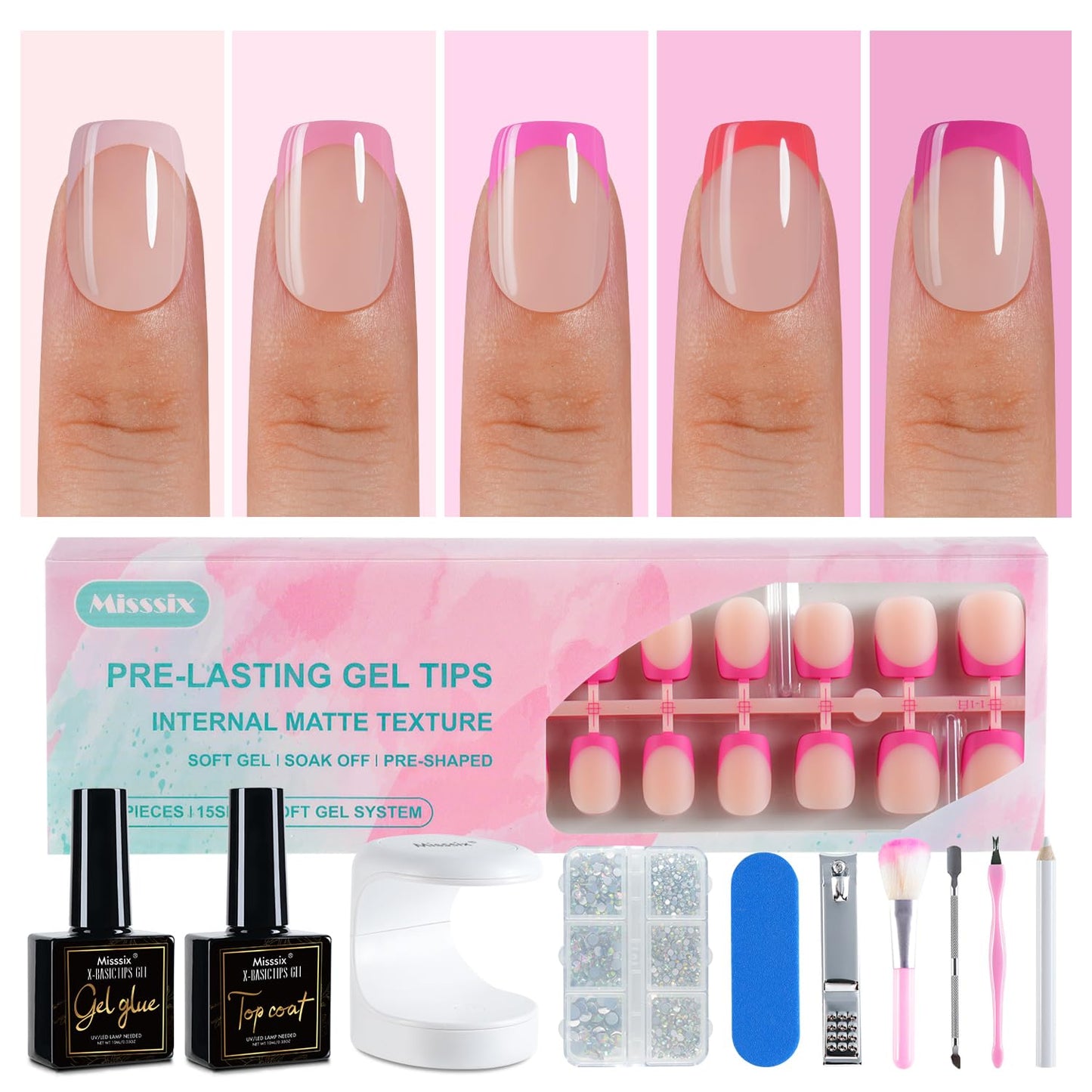 Misssix French Tip Press On Nails, 150Pcs French Gel Nail Tips, Short Square Soft Gel Fake Nails, X-BASIC Tips Starter Kit for Nail Art DIY 15 Sizes