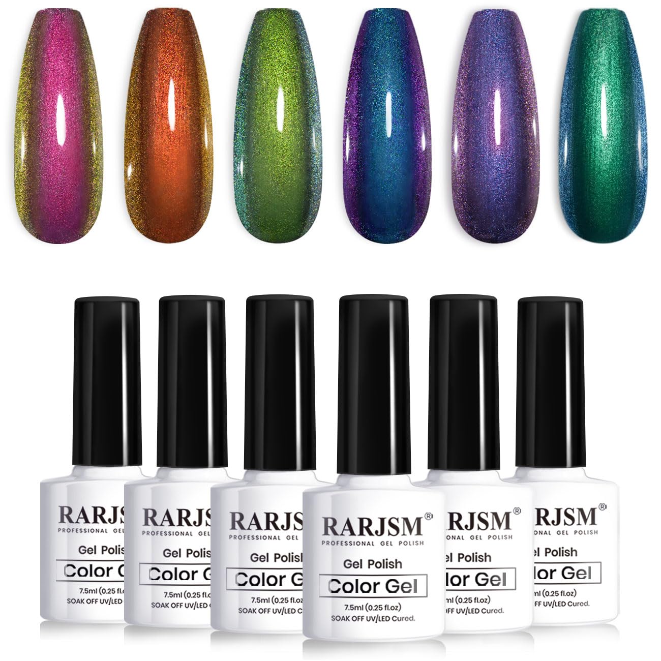 RARJSM Chameleon Gel Nail Polish Multichrome Gradient Color Changing Dark Blue Purple Orange Green 6pcs Set 7.5ml Shimmer Glitter Gel Polish Curing Requires Soak Off Sparkle Chrome Nail Gel Varnish